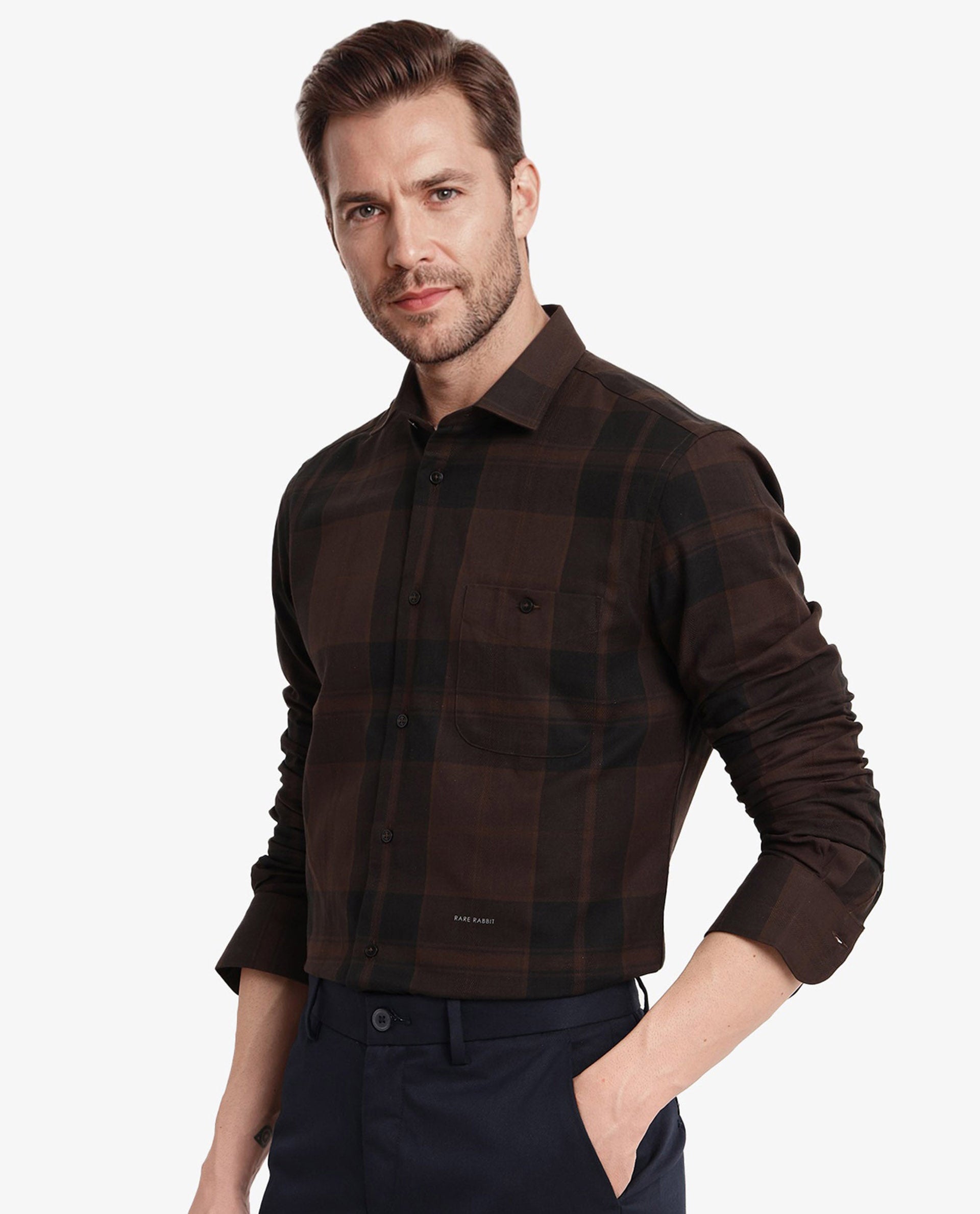Rare Rabbit Men Pyre Dark Brown Cotton Fabric Button Down Regular Collar Regular Fit Buffalo Plaid Shirt