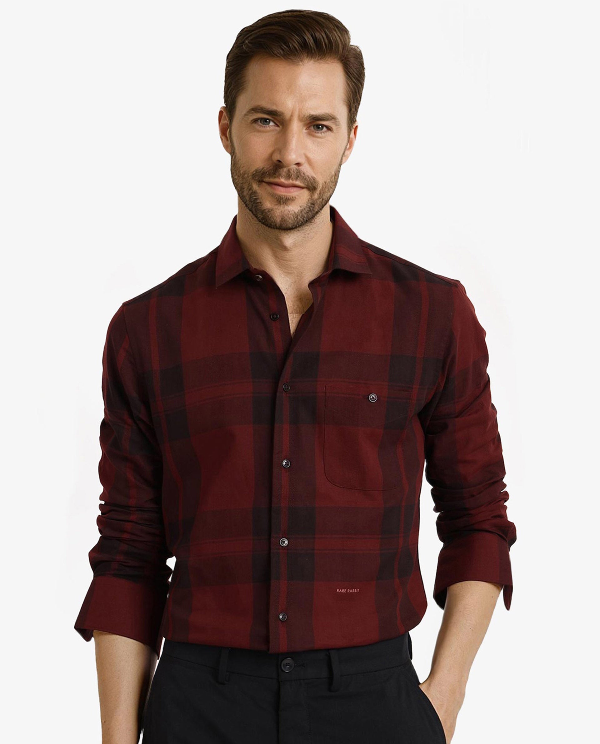 Rare Rabbit Men Pyre Dark Red Cotton Fabric Button Down Regular Collar Regular Fit Buffalo Plaid Shirt