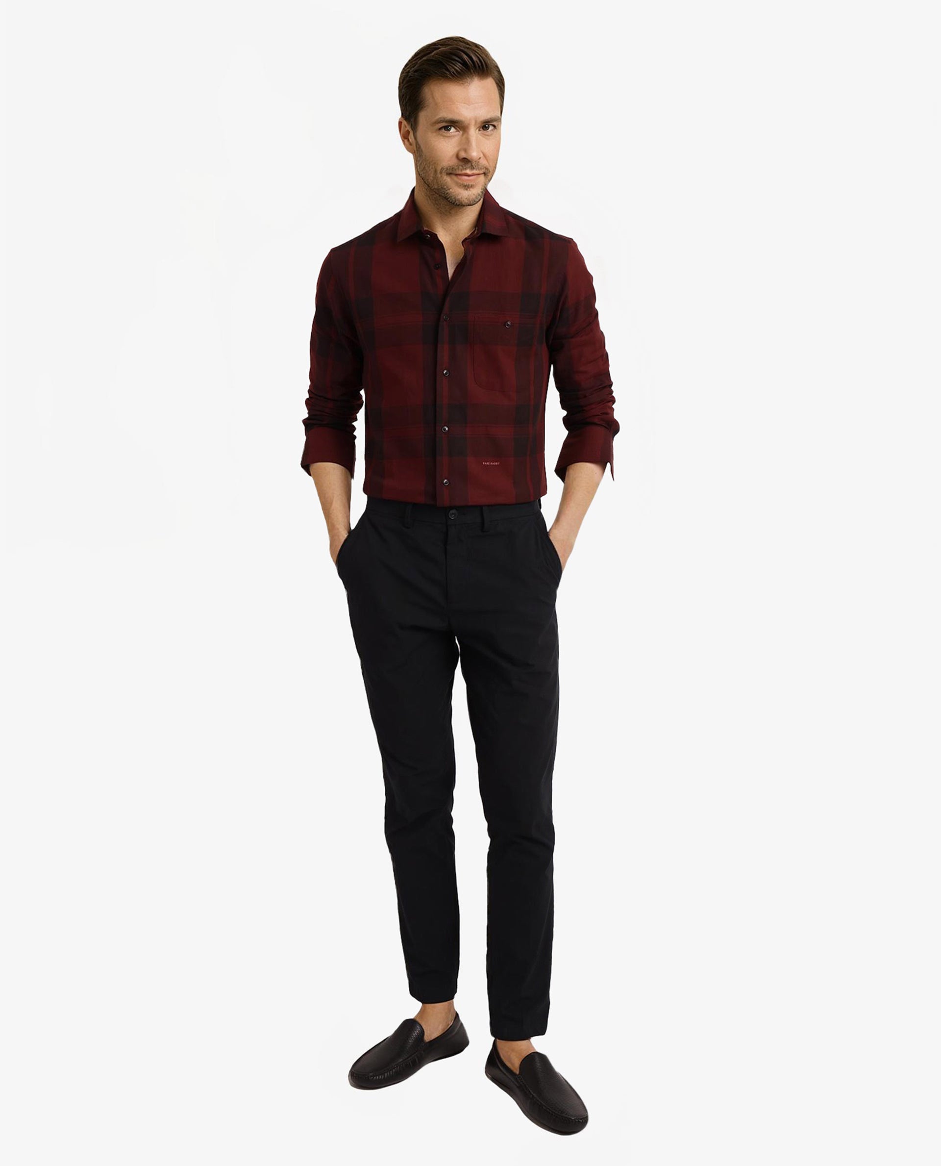 Rare Rabbit Men Pyre Dark Red Cotton Fabric Button Down Regular Collar Regular Fit Buffalo Plaid Shirt