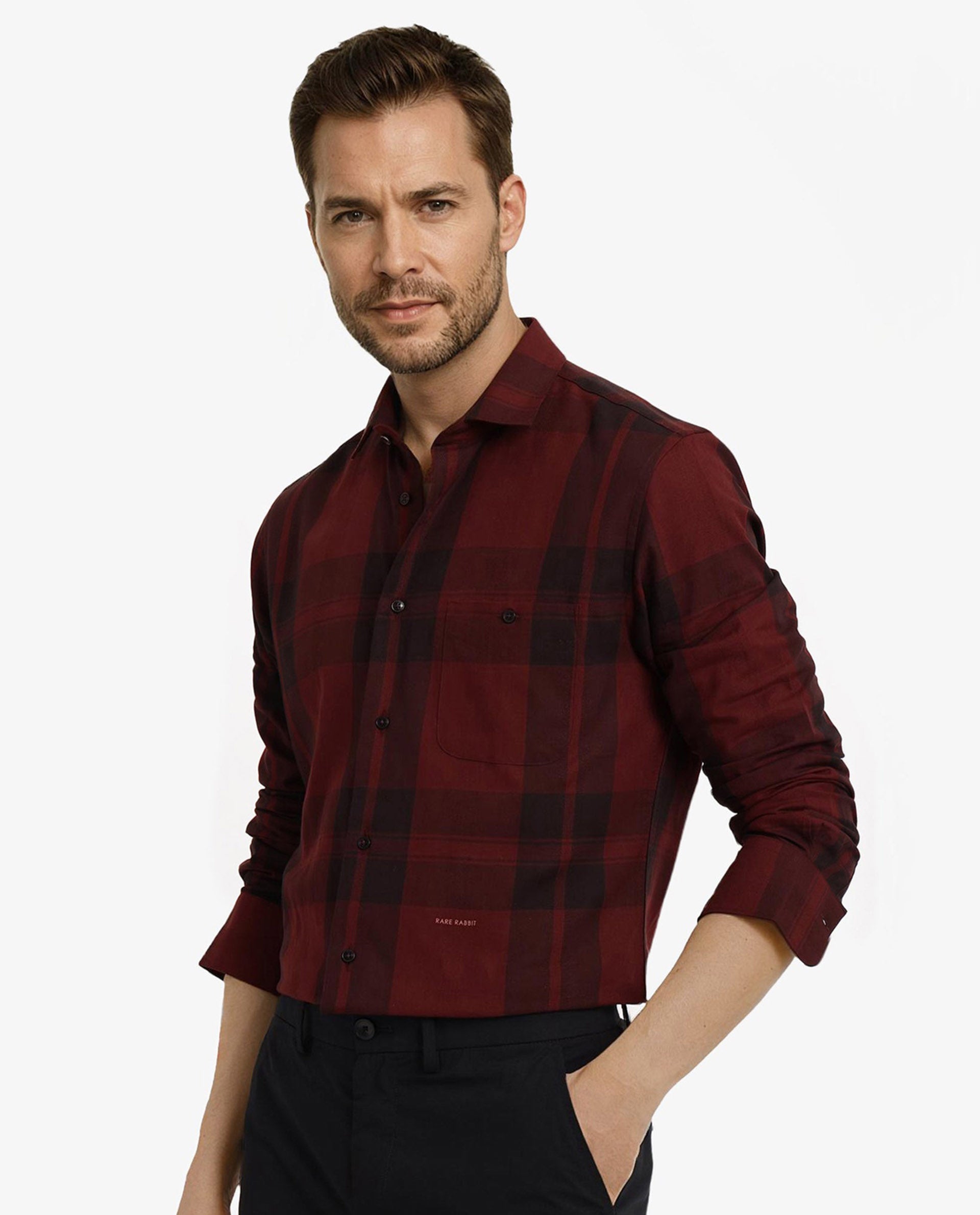 Rare Rabbit Men Pyre Dark Red Cotton Fabric Button Down Regular Collar Regular Fit Buffalo Plaid Shirt