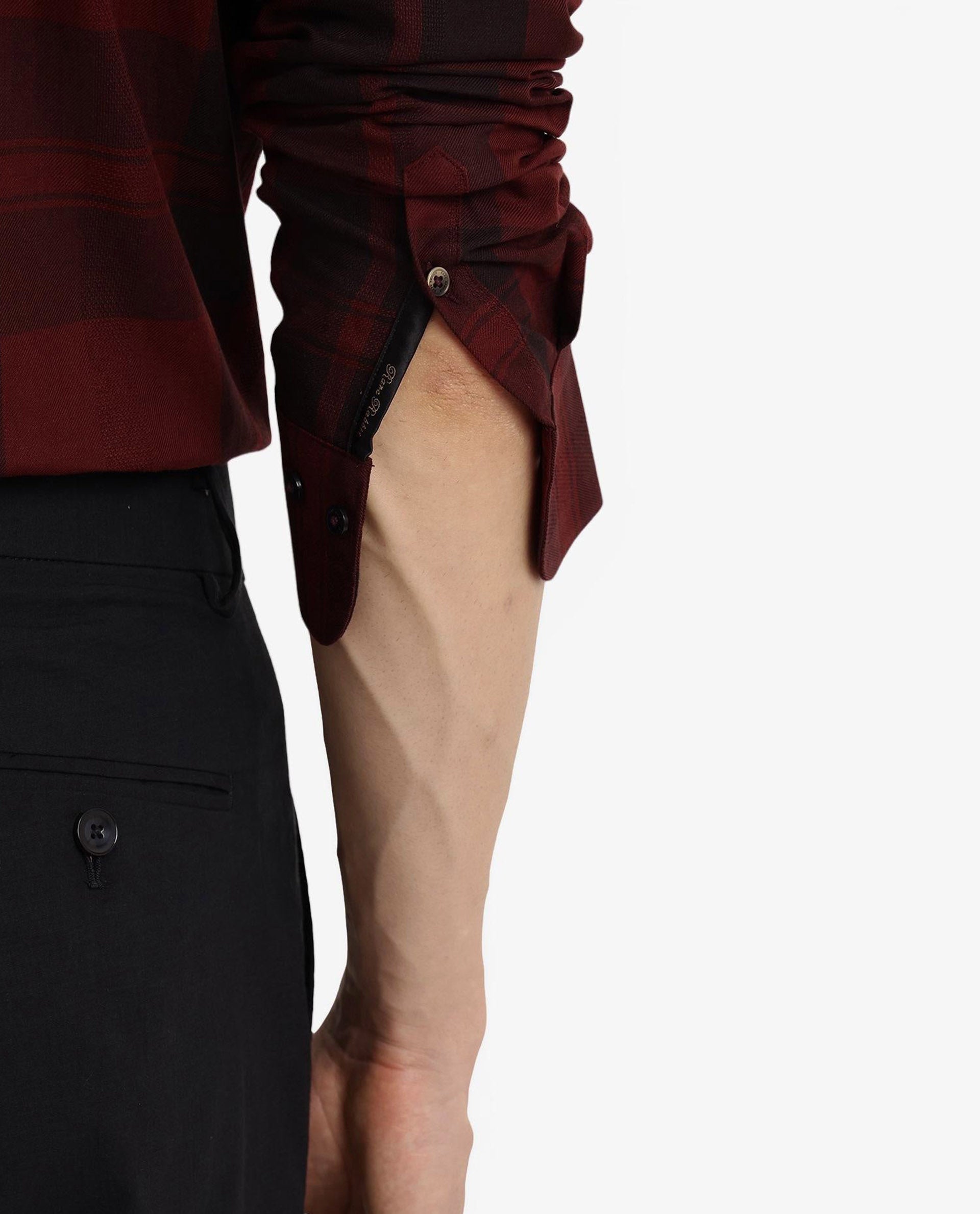 Rare Rabbit Men Pyre Dark Red Cotton Fabric Button Down Regular Collar Regular Fit Buffalo Plaid Shirt