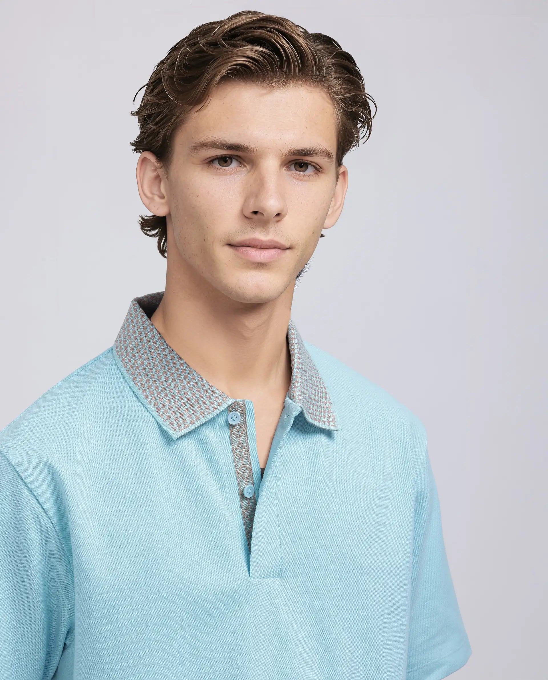 Rare Rabbit Men Abit Light Blue Cotton Blend Fabric Short Sleeve Collared Neck Button Closure Plain Polo