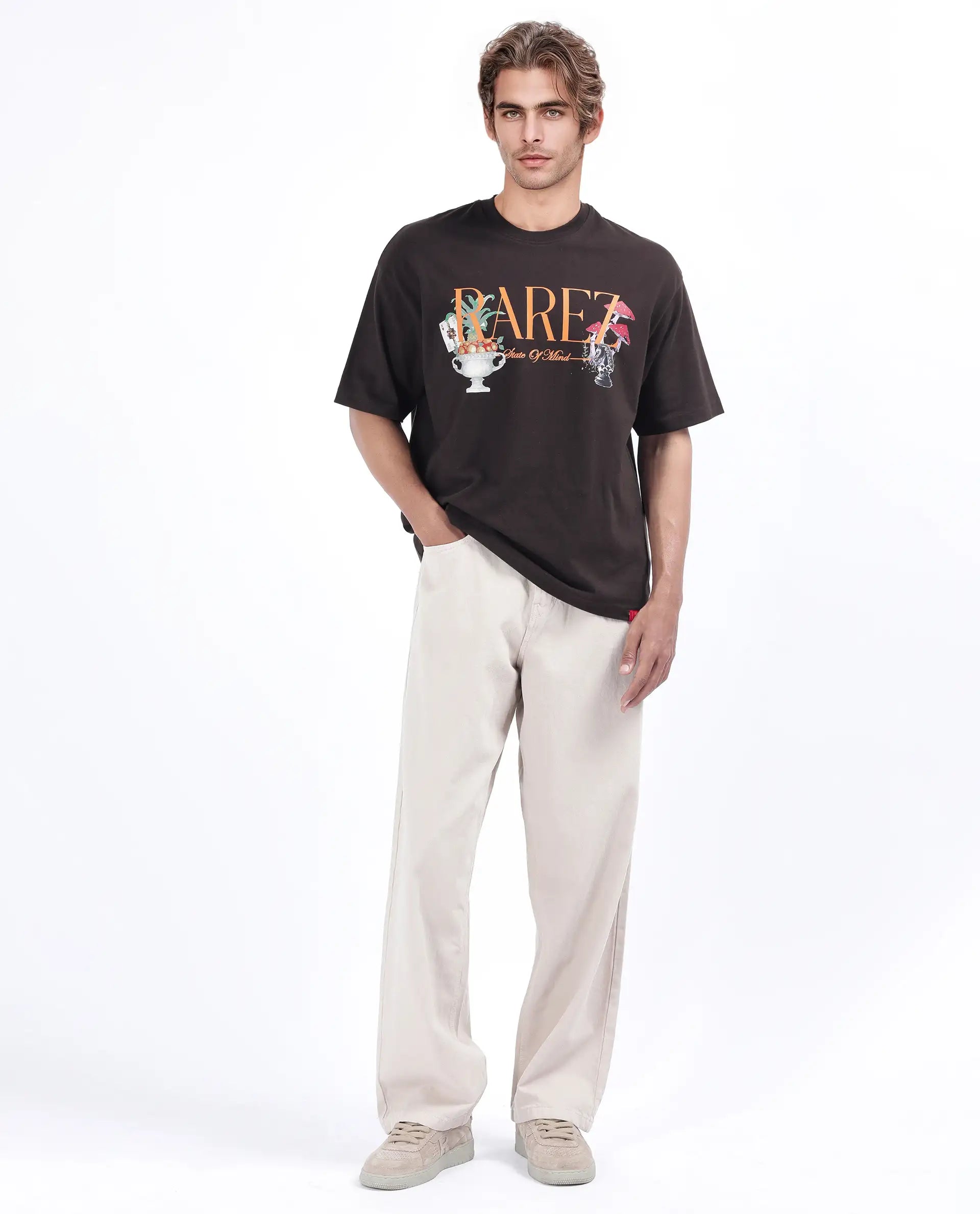 Rare Rabbit Men's Qena Brown Cotton Graphic Print Oversized Fit Half Sleeve Crew Neck T-Shirt
