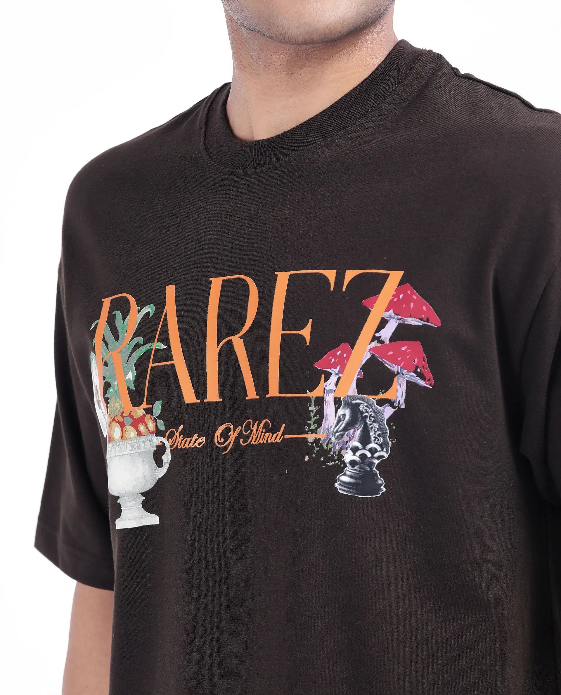 Rare Rabbit Men's Qena Brown Cotton Graphic Print Oversized Fit Half Sleeve Crew Neck T-Shirt