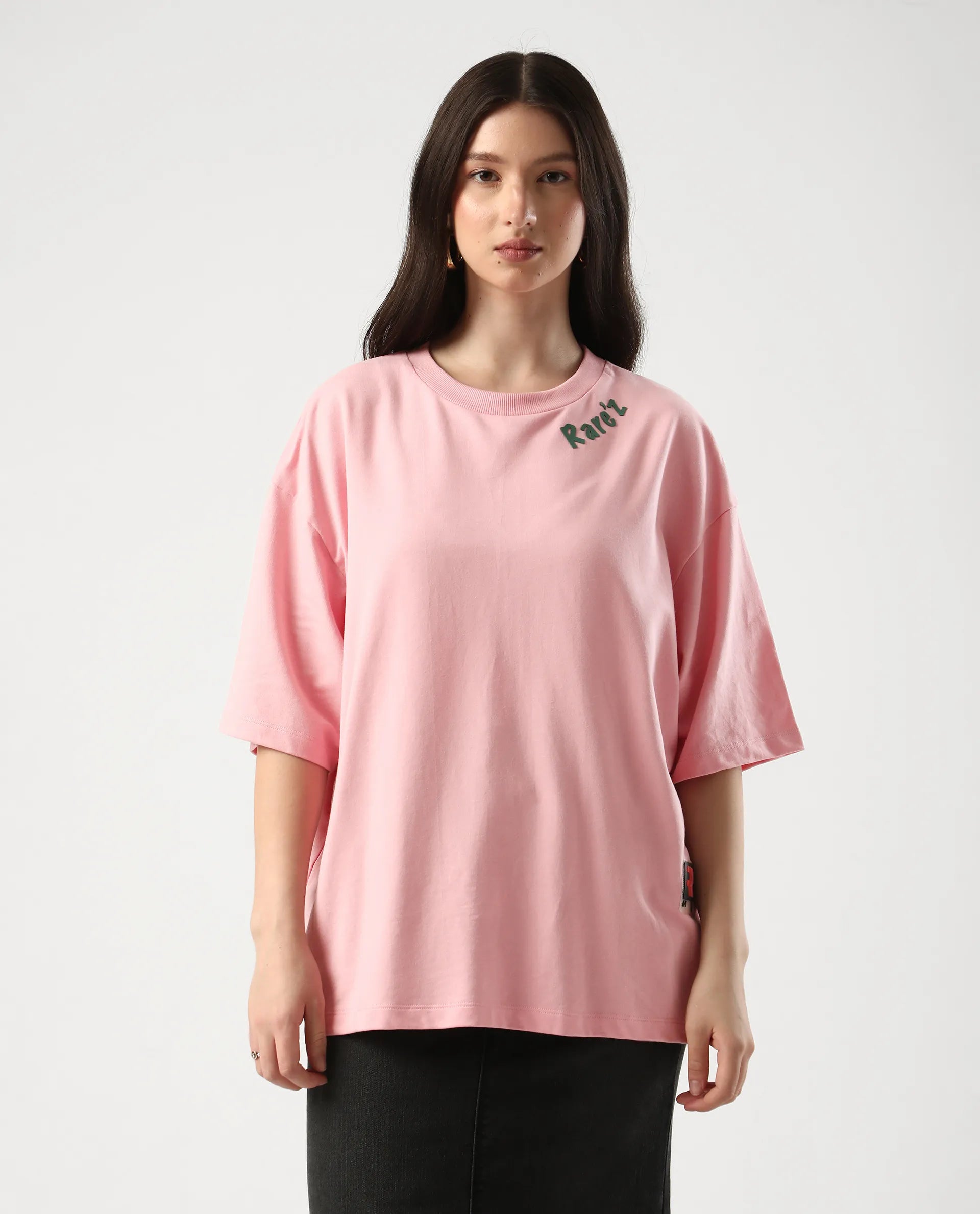 Rareism Women's Qlax Pink Cotton Graphic Print Oversized T-Shirt