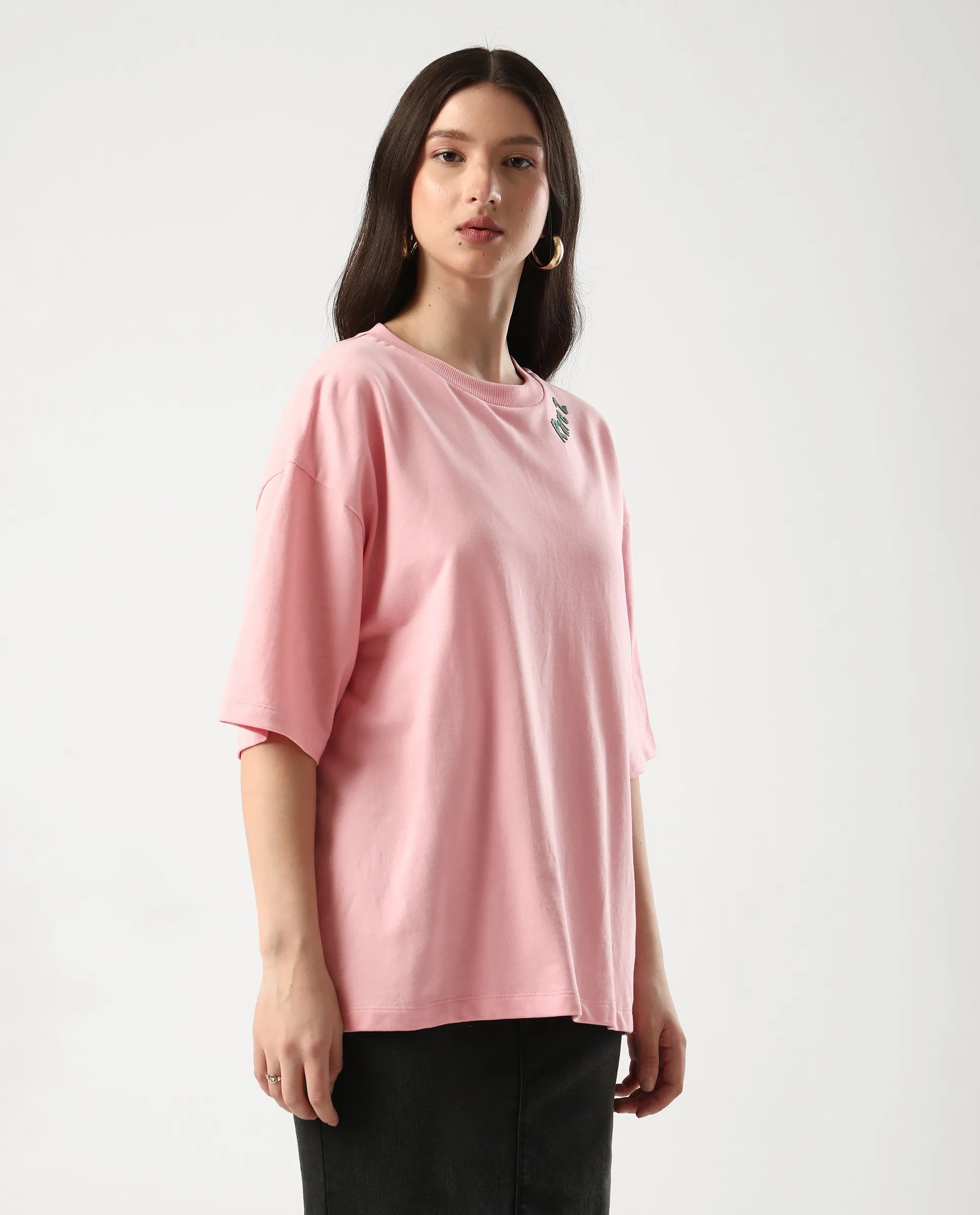 Rareism Women's Qlax Pink Cotton Graphic Print Oversized T-Shirt