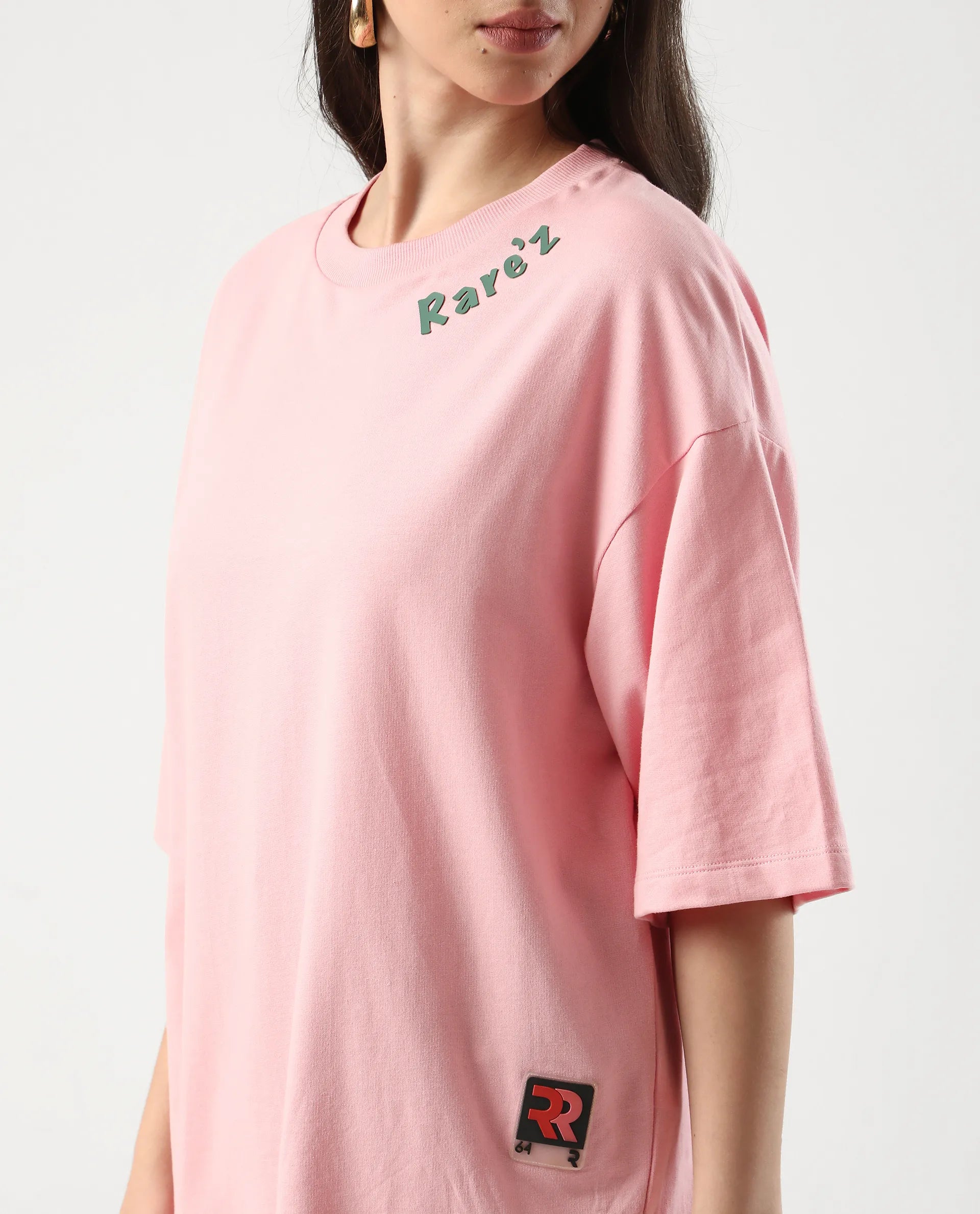 Rareism Women's Qlax Pink Cotton Graphic Print Oversized T-Shirt