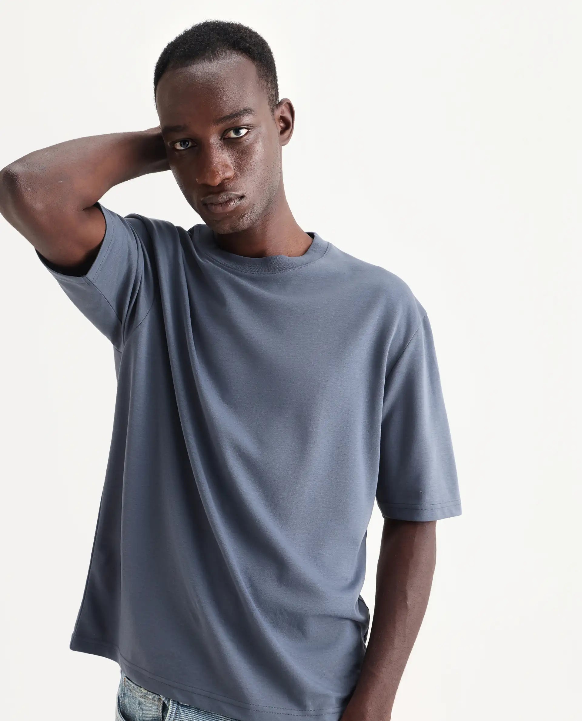 Rare Rabbit Men's Qlo Dusky Blue Cotton Blend Plain Oversized Fit Half Sleeve Crew Neck T-Shirt