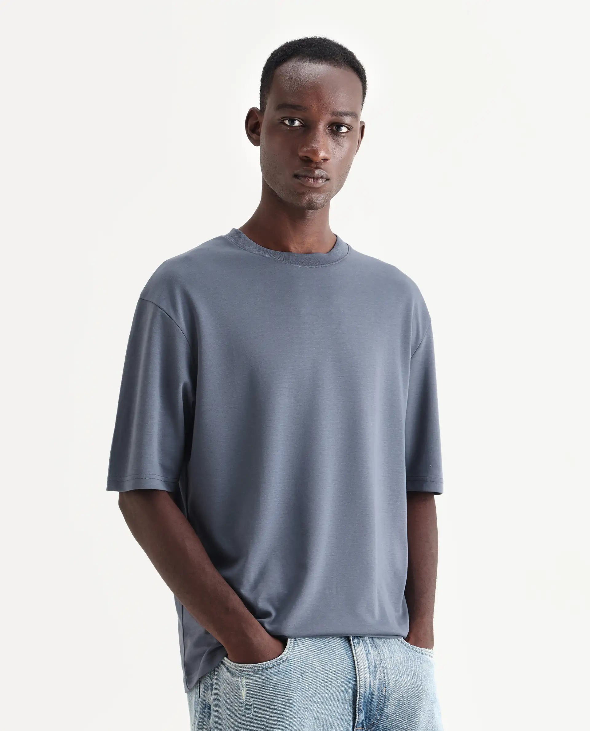 Rare Rabbit Men's Qlo Dusky Blue Cotton Blend Plain Oversized Fit Half Sleeve Crew Neck T-Shirt