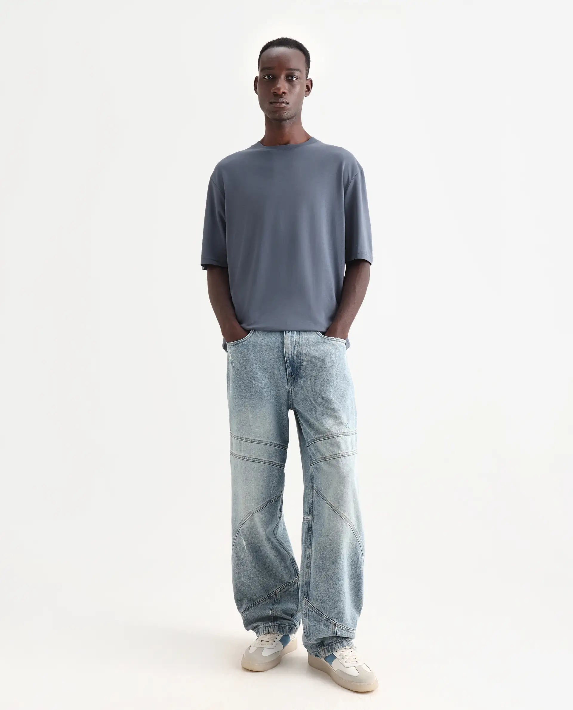 Rare Rabbit Men's Qlo Dusky Blue Cotton Blend Plain Oversized Fit Half Sleeve Crew Neck T-Shirt