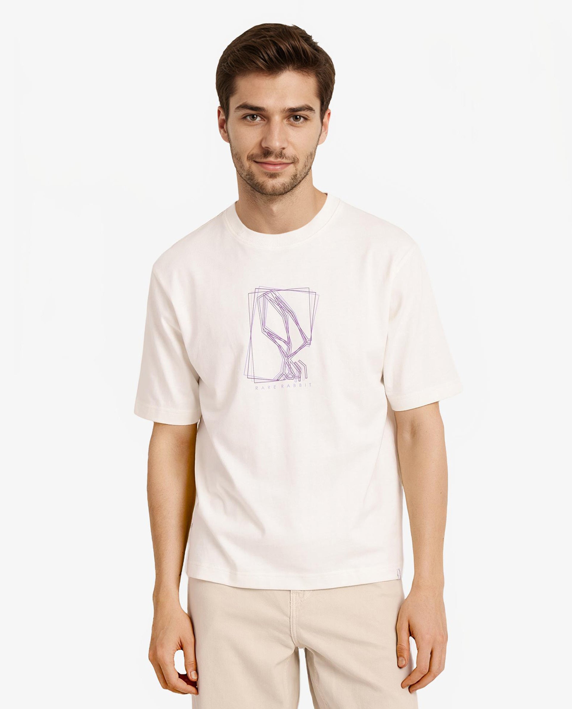 Rare Rabbit Men Que Off White Cotton Fabric Short Sleeve Crew Neck Oversized Fit Graphic Logo Print T-Shirt