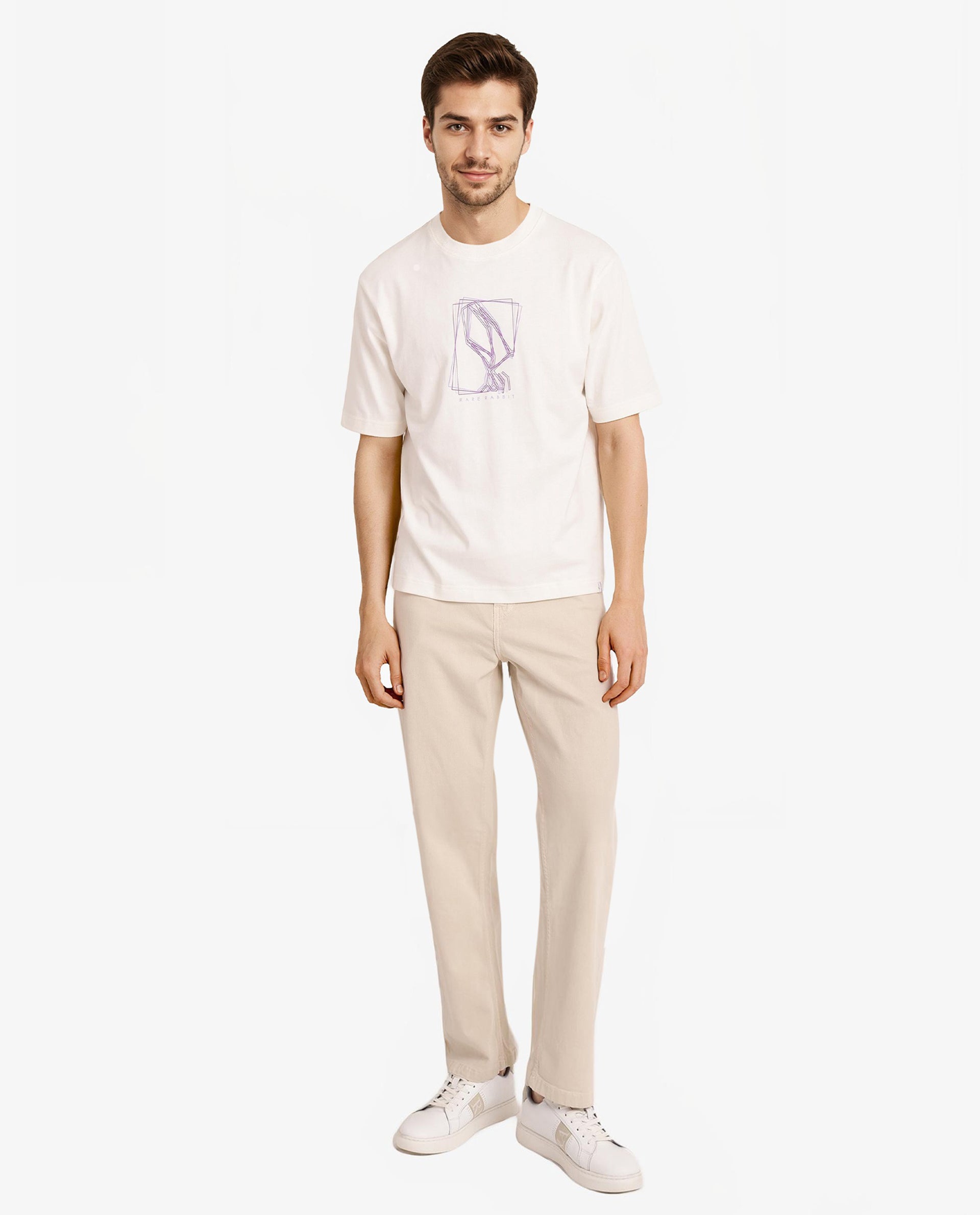 Rare Rabbit Men Que Off White Cotton Fabric Short Sleeve Crew Neck Oversized Fit Graphic Logo Print T-Shirt