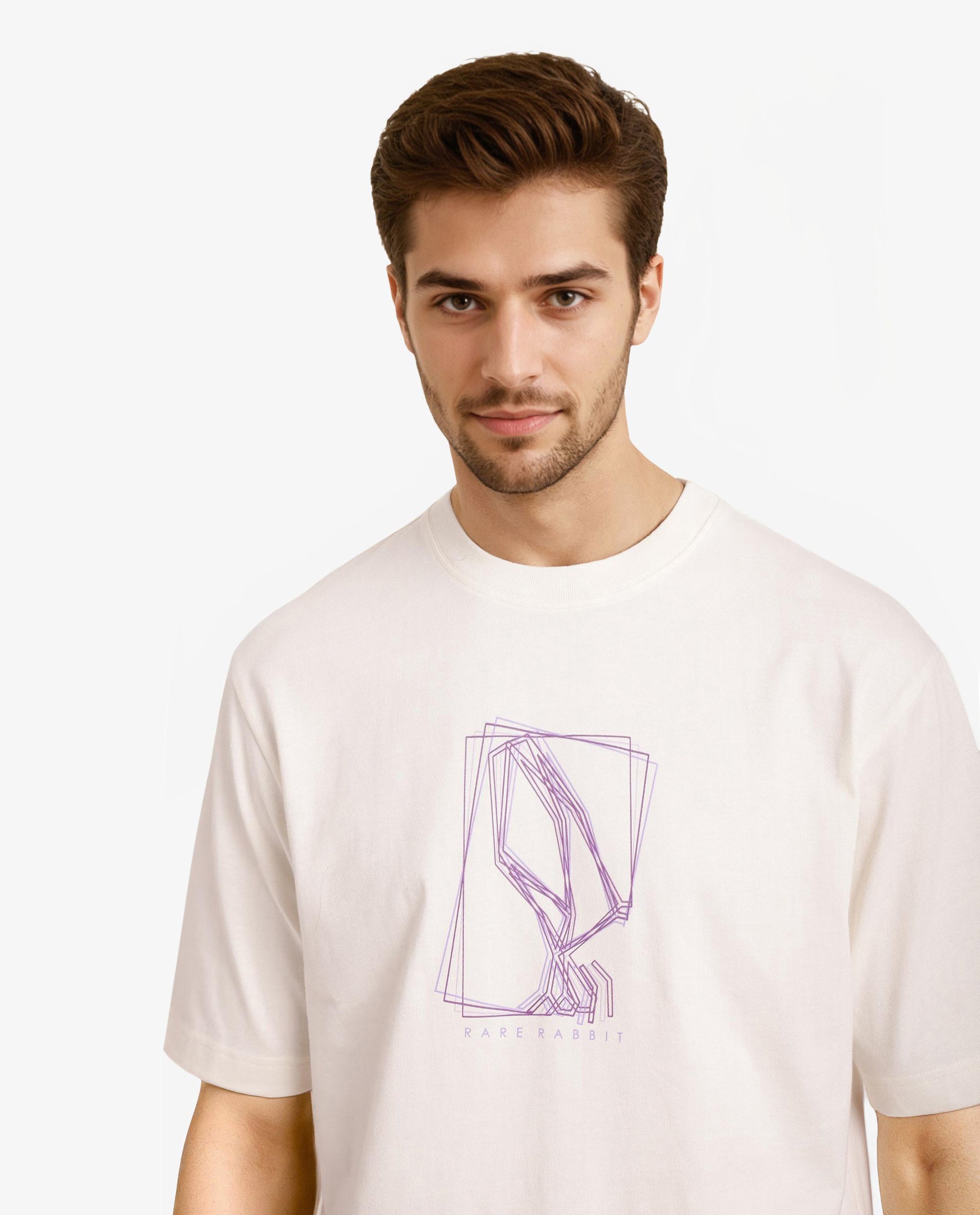 Rare Rabbit Men Que Off White Cotton Fabric Short Sleeve Crew Neck Oversized Fit Graphic Logo Print T-Shirt