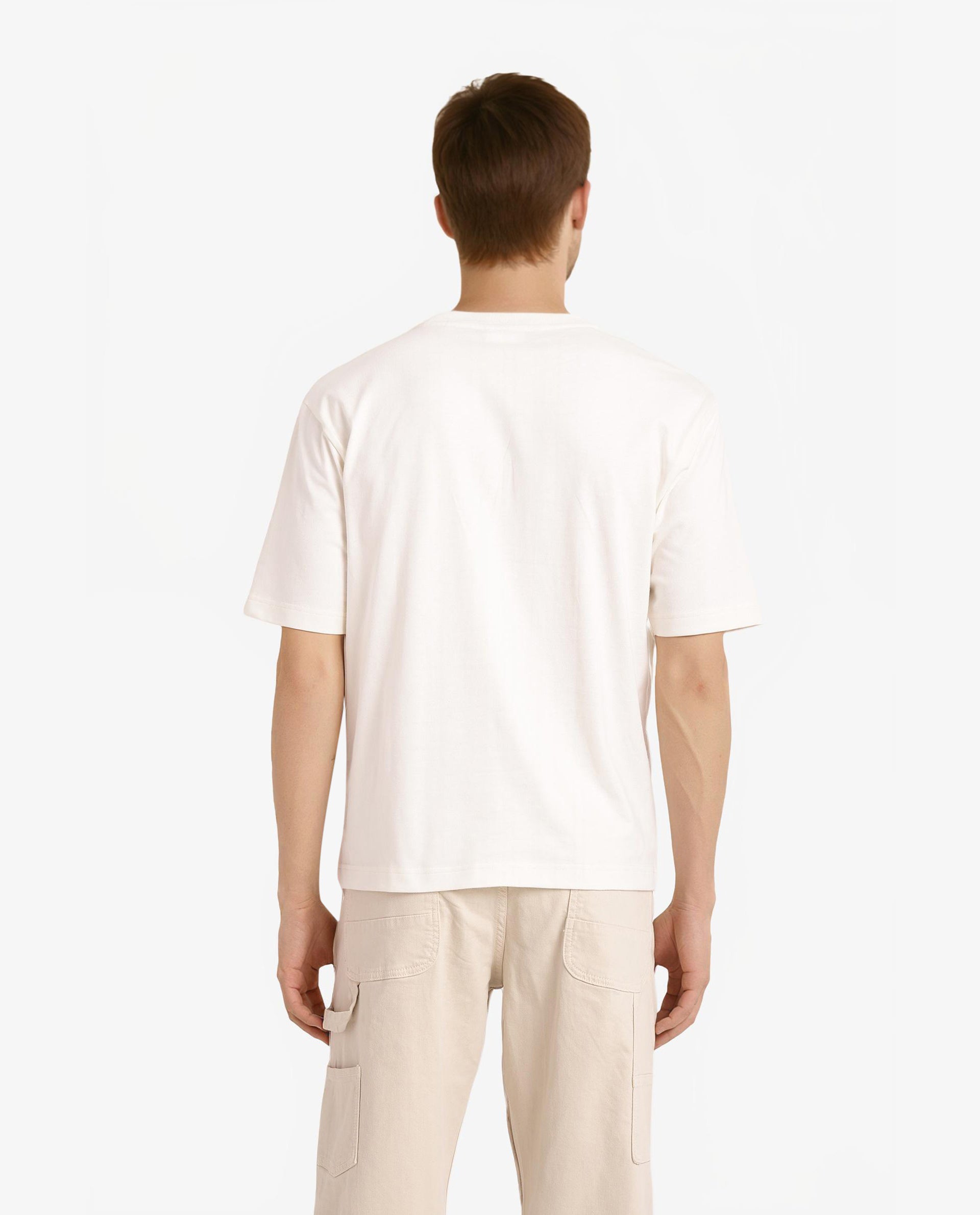 Rare Rabbit Men Que Off White Cotton Fabric Short Sleeve Crew Neck Oversized Fit Graphic Logo Print T-Shirt