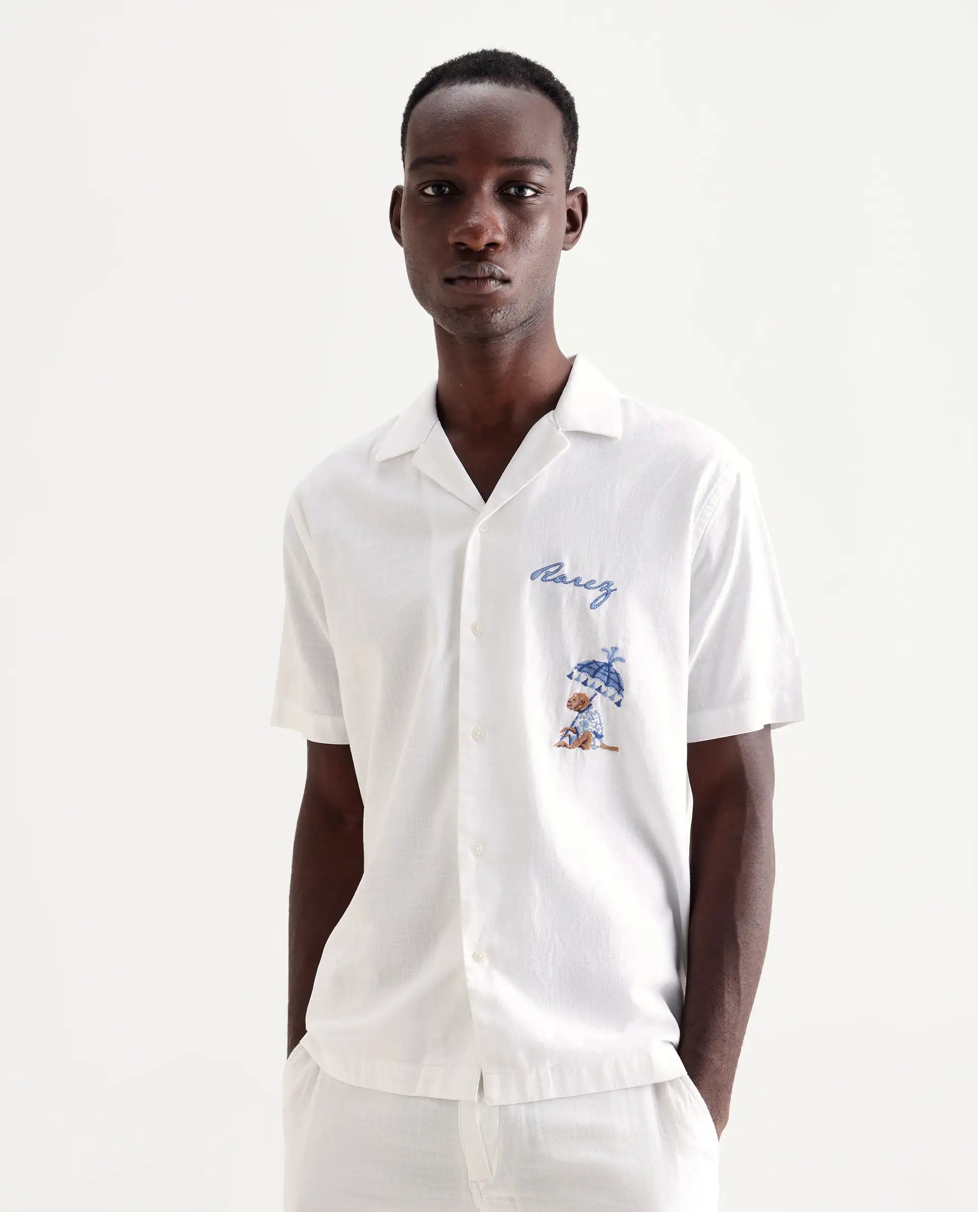 Rare Rabbit Men's Quentin White Embroidered Relaxed Fit Half Sleeve Cuban Collar Shirt