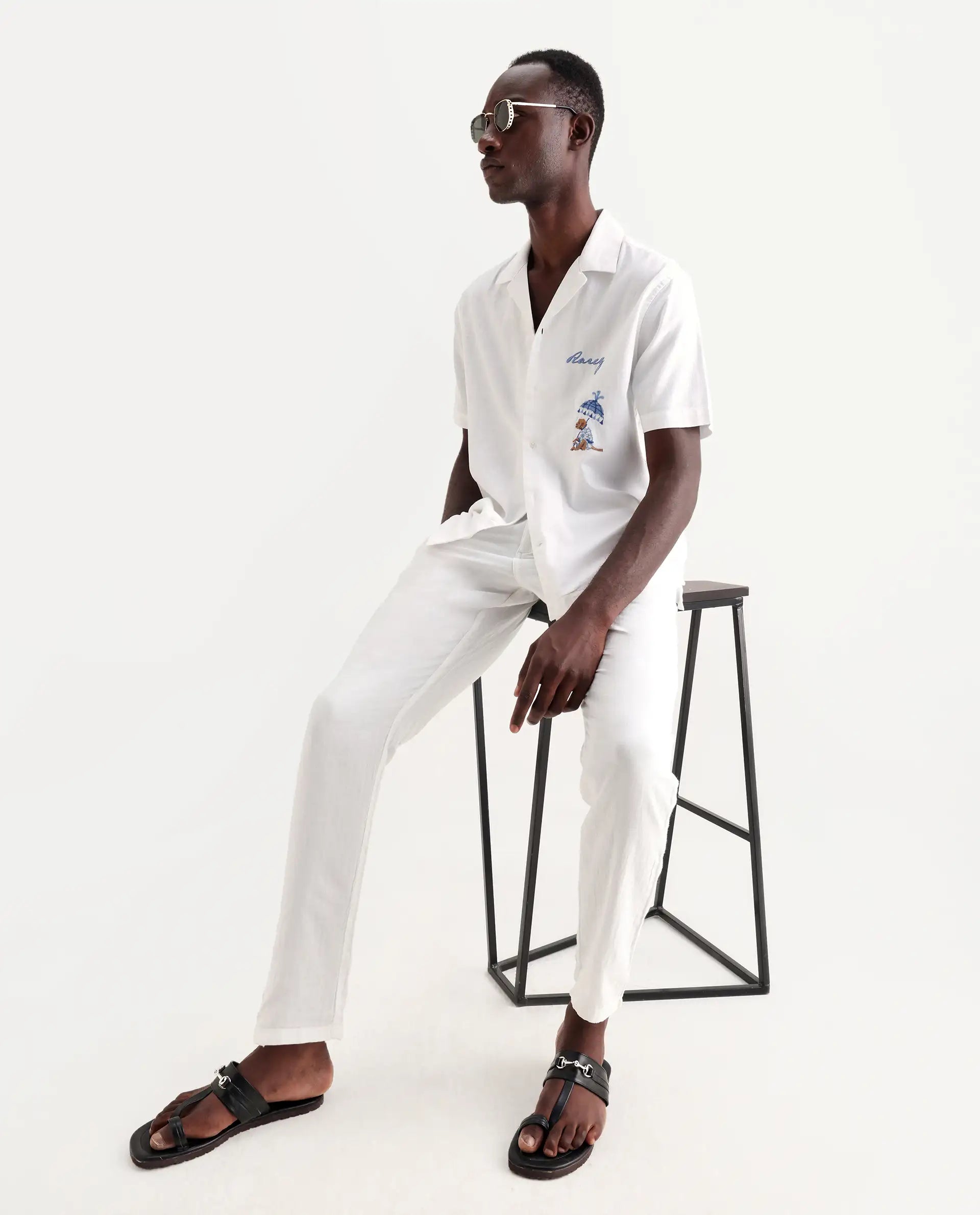 Rare Rabbit Men's Quentin White Embroidered Relaxed Fit Half Sleeve Cuban Collar Shirt