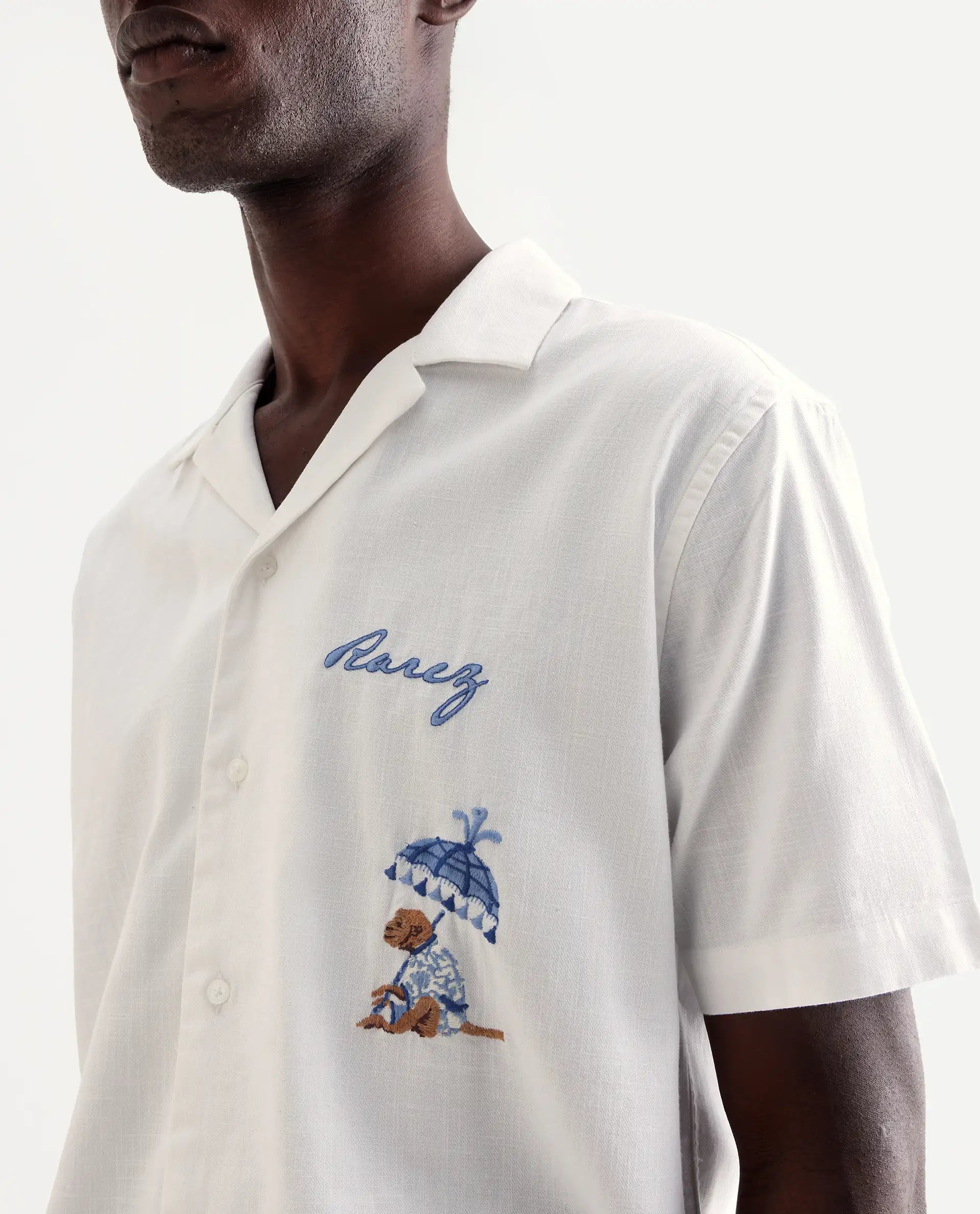 Rare Rabbit Men's Quentin White Embroidered Relaxed Fit Half Sleeve Cuban Collar Shirt