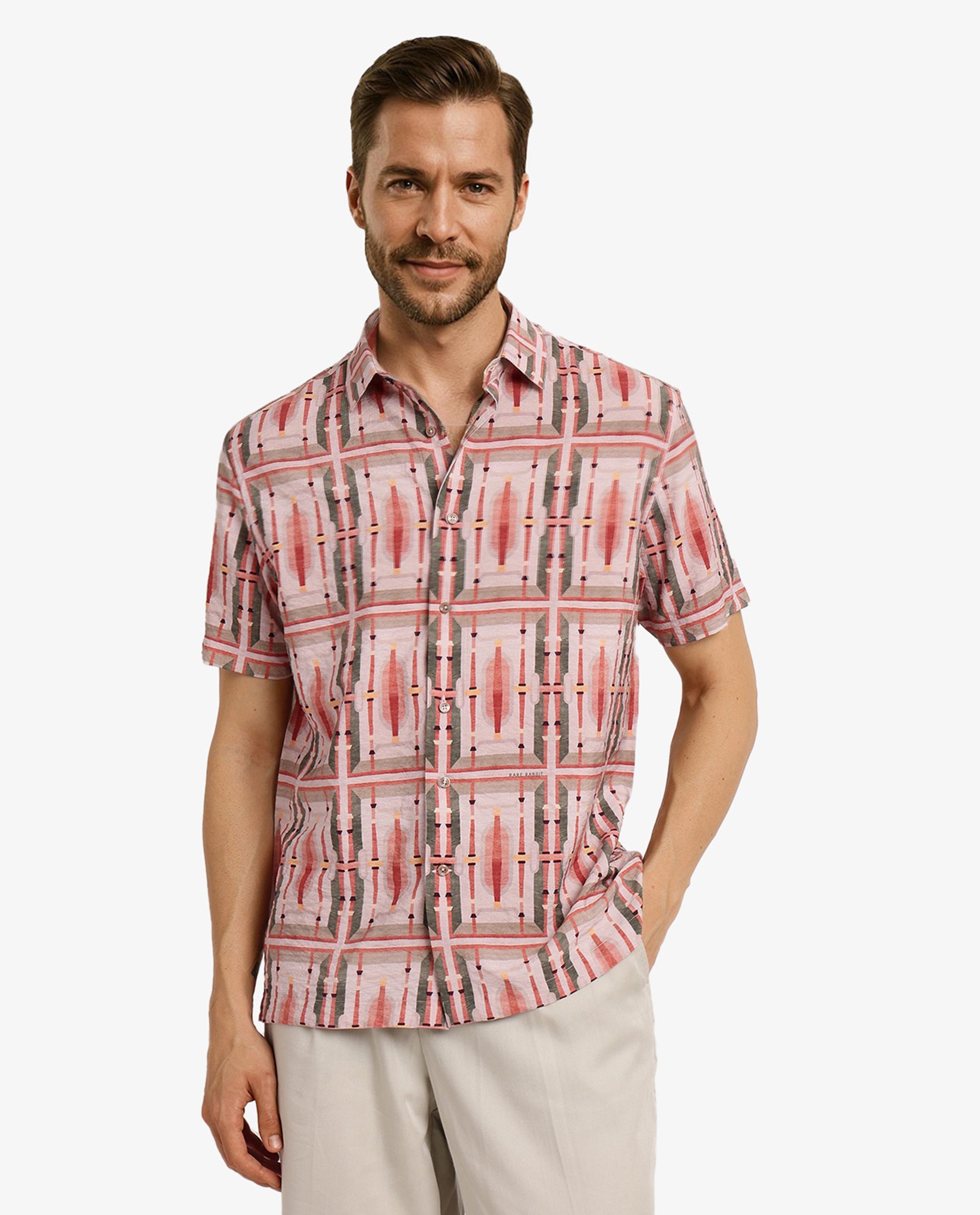 Rare Rabbit Men Quill Beige Cotton Fabric Short Sleeve Boxy Fit Abstract Print Shirt