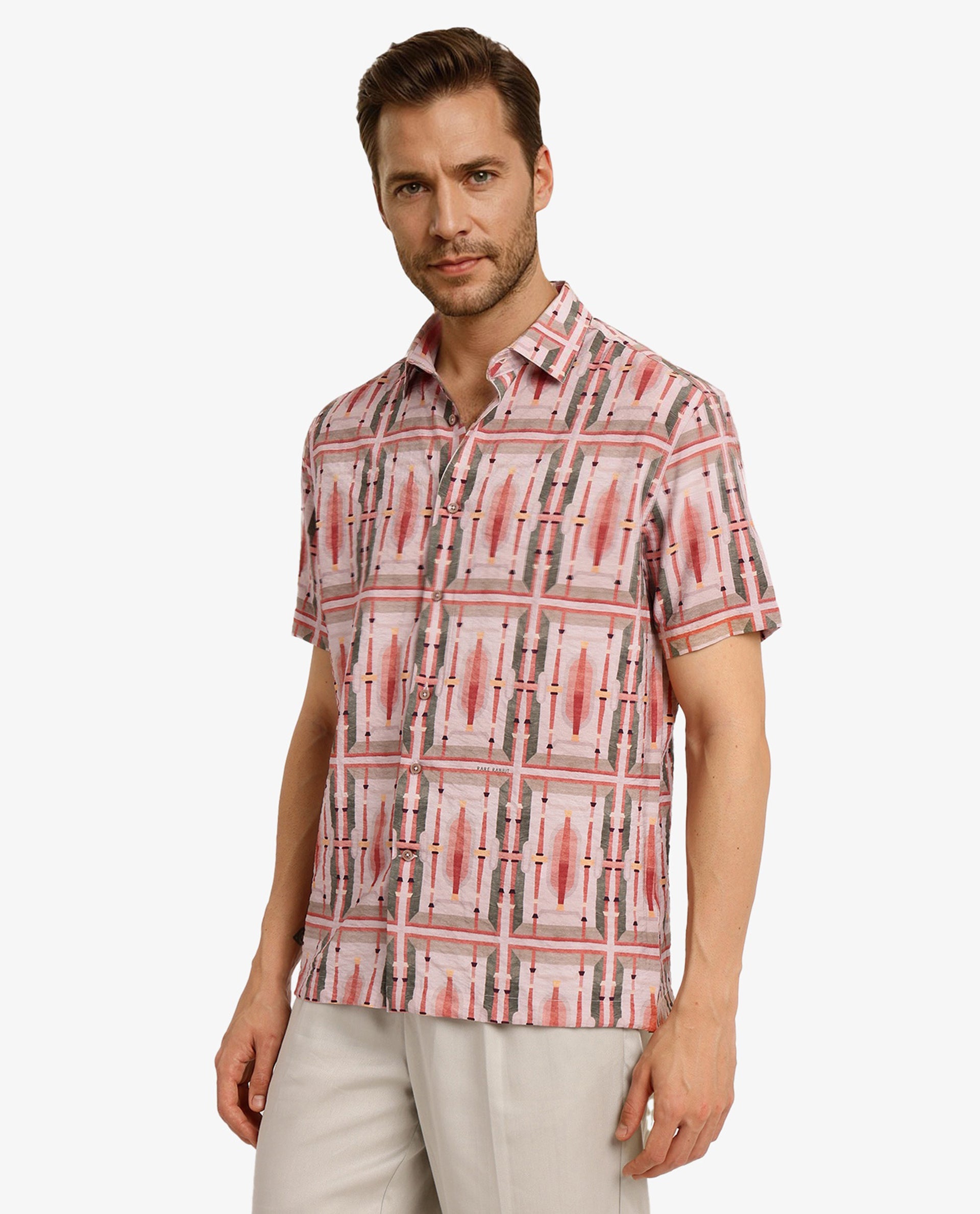 Rare Rabbit Men Quill Beige Cotton Fabric Short Sleeve Boxy Fit Abstract Print Shirt