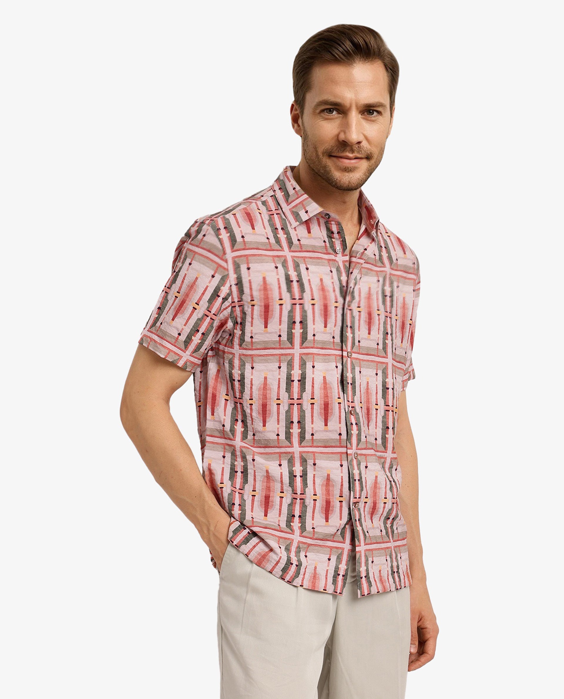 Rare Rabbit Men Quill Beige Cotton Fabric Short Sleeve Boxy Fit Abstract Print Shirt