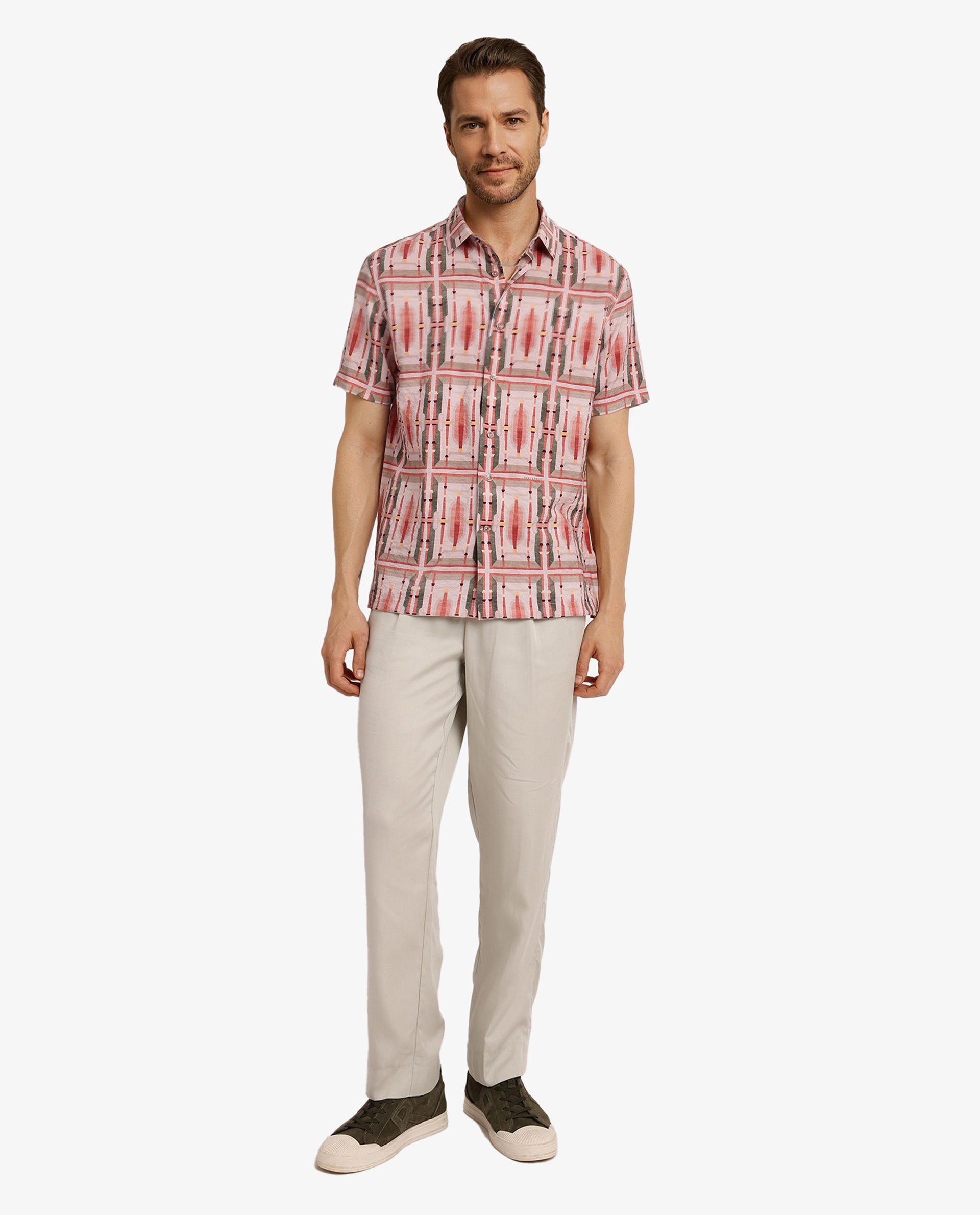 Rare Rabbit Men Quill Beige Cotton Fabric Short Sleeve Boxy Fit Abstract Print Shirt