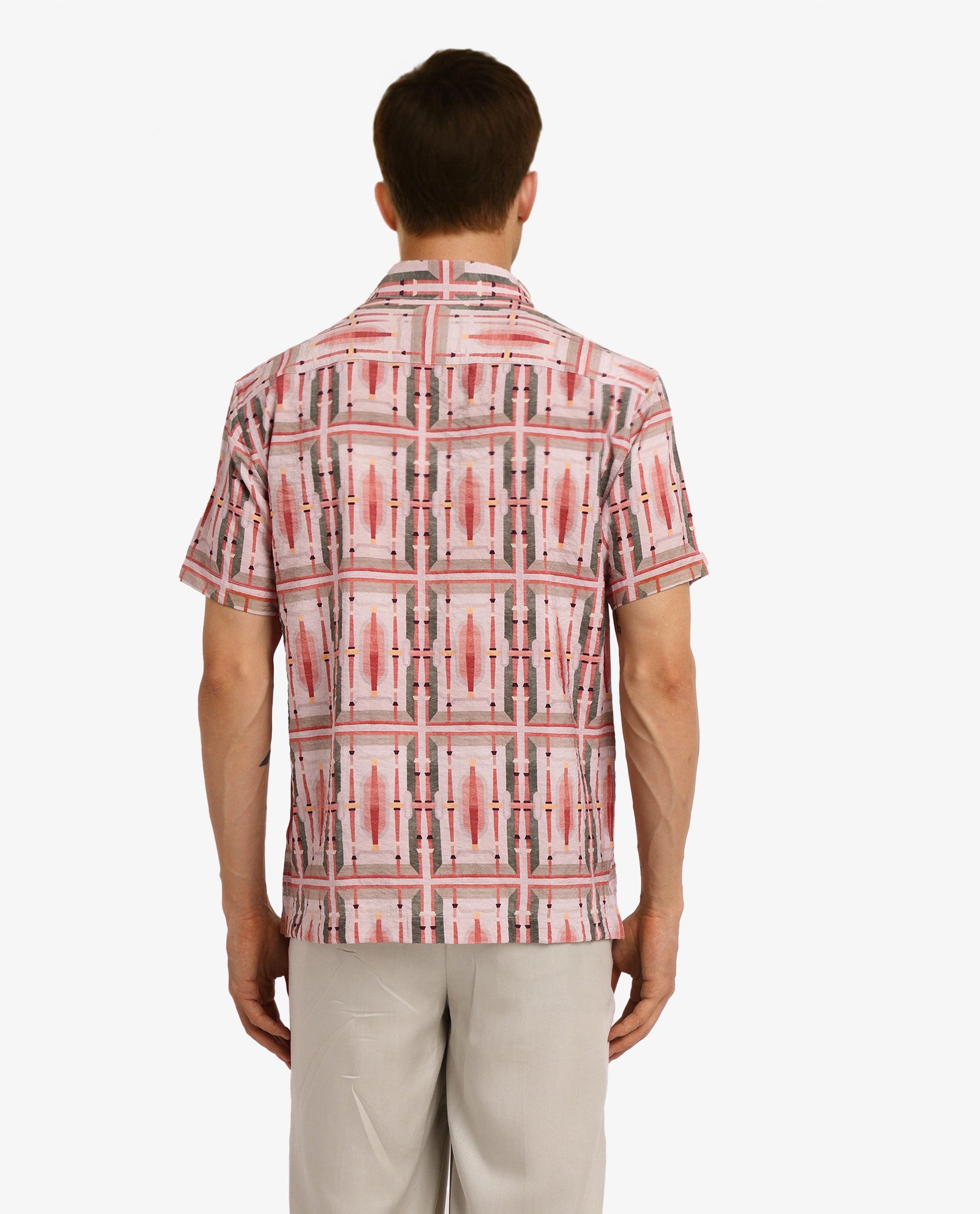 Rare Rabbit Men Quill Beige Cotton Fabric Short Sleeve Boxy Fit Abstract Print Shirt