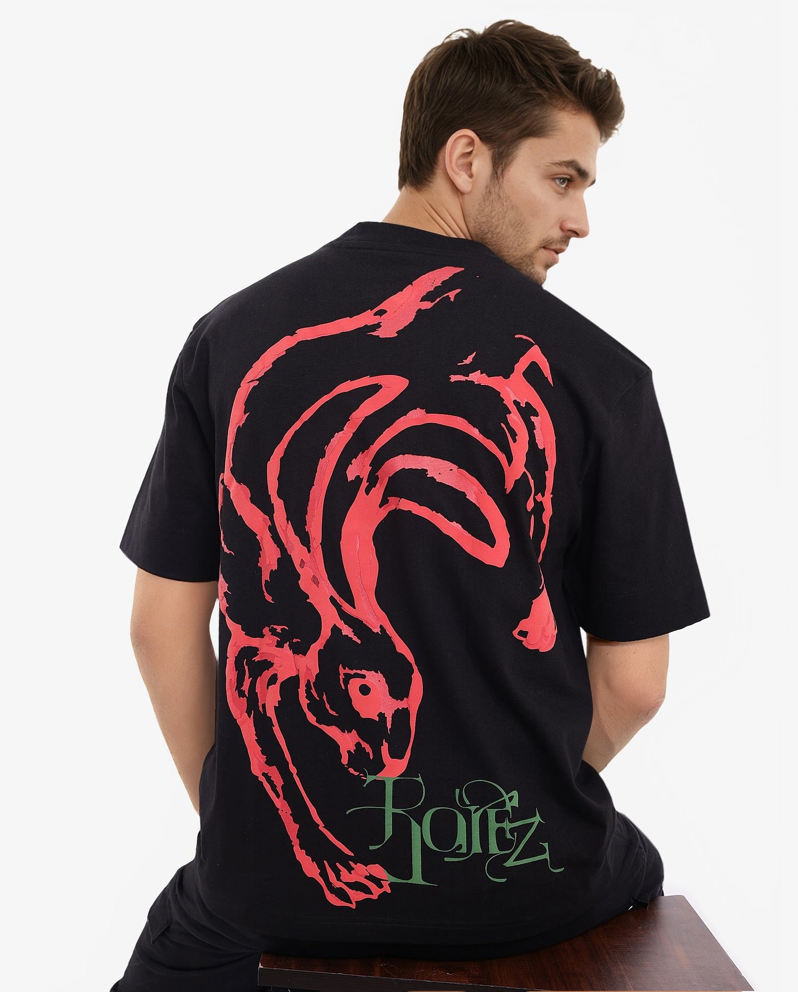 Rare Rabbit Men Rabb Black Cotton Fabric Short Sleeve Crew Neck Oversized Fit Graphic Back Print T-Shirt