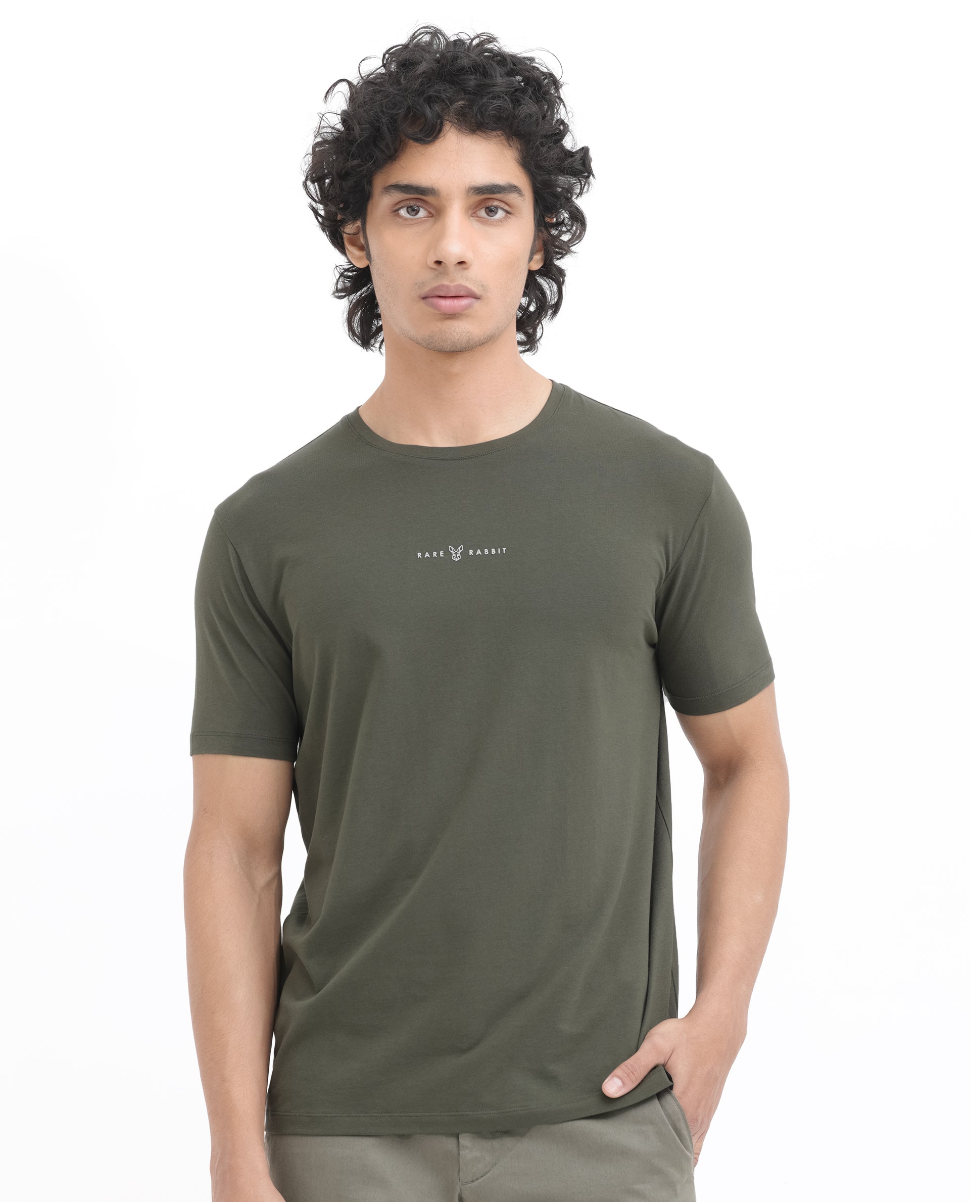 Rare Rabbit Mens Rabbit-Z Olive Short Sleeve Solid Graphic Print T-Shirt