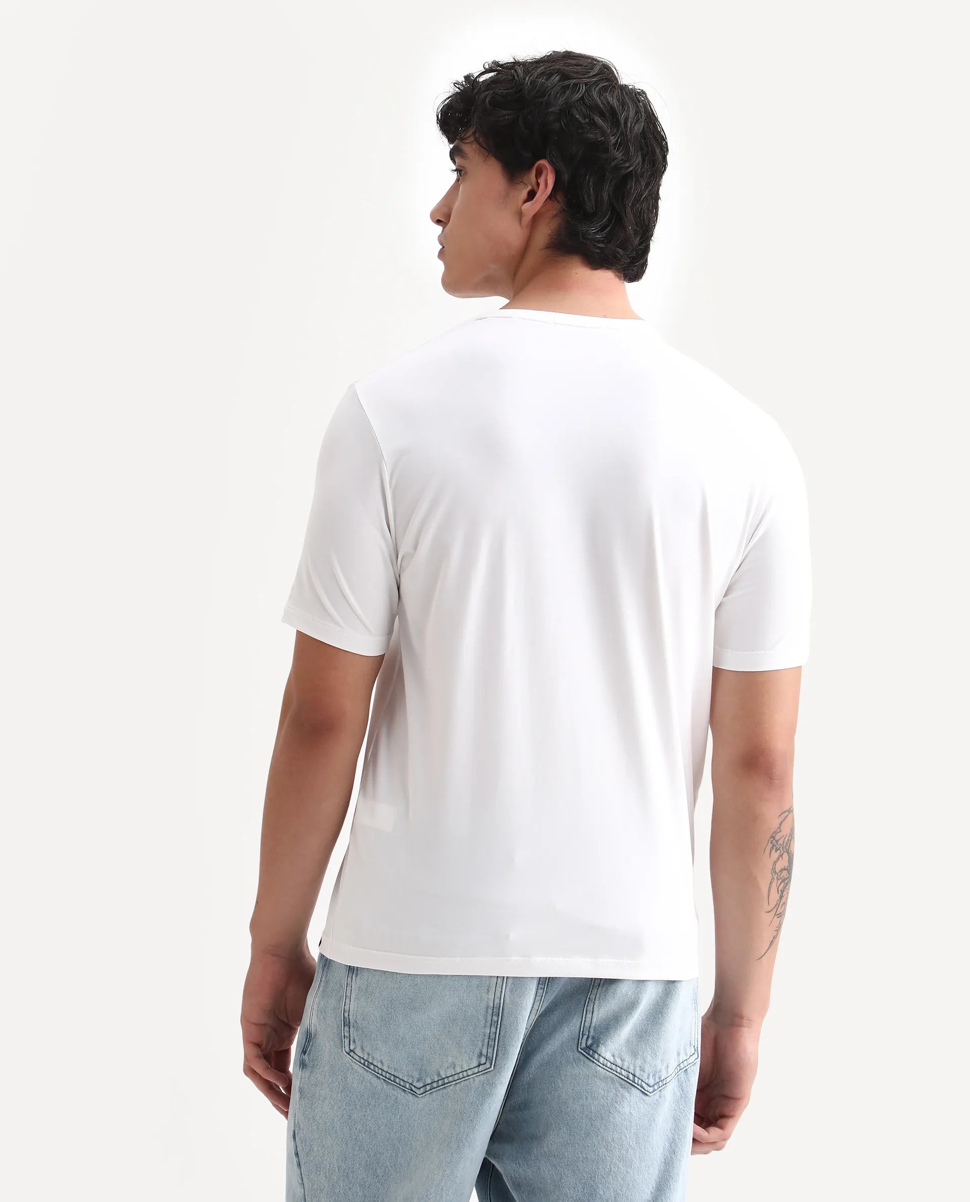 Rare Rabbit Men's Rabbit-25 White Cotton Blend Graphic Print Regular Fit Half Sleeve Crew Neck T-Shirt