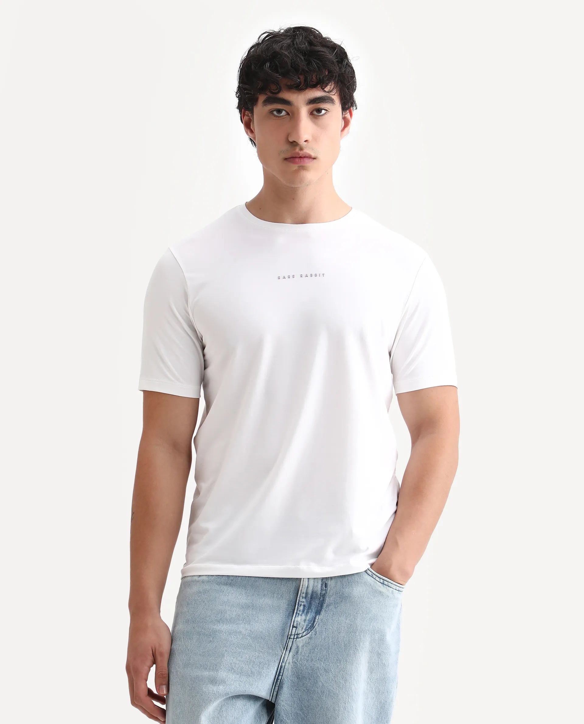 Rare Rabbit Men's Rabbit-25 White Cotton Blend Graphic Print Regular Fit Half Sleeve Crew Neck T-Shirt