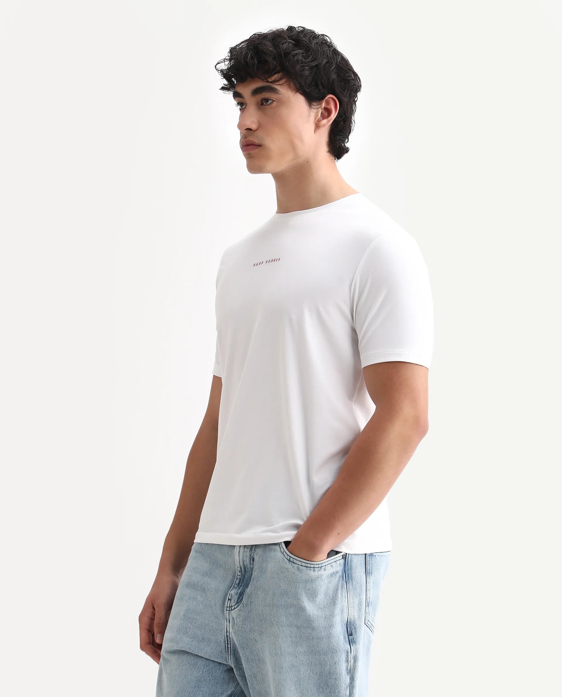 Rare Rabbit Men's Rabbit-25 White Cotton Blend Graphic Print Regular Fit Half Sleeve Crew Neck T-Shirt