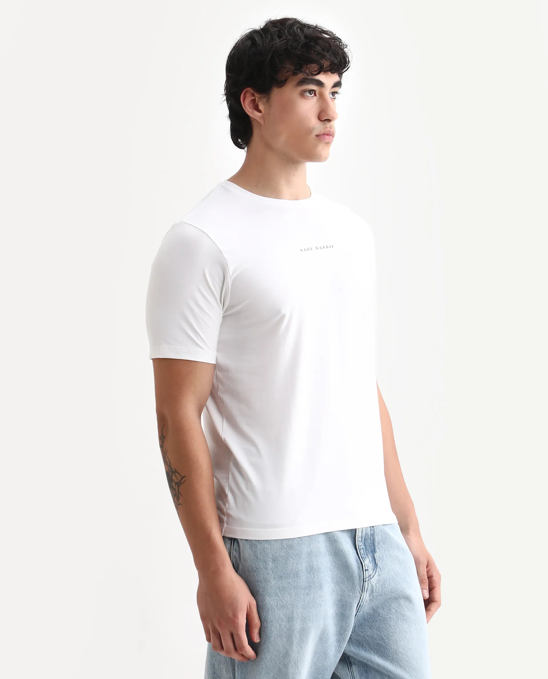 Rare Rabbit Men's Rabbit-25 White Cotton Blend Graphic Print Regular Fit Half Sleeve Crew Neck T-Shirt