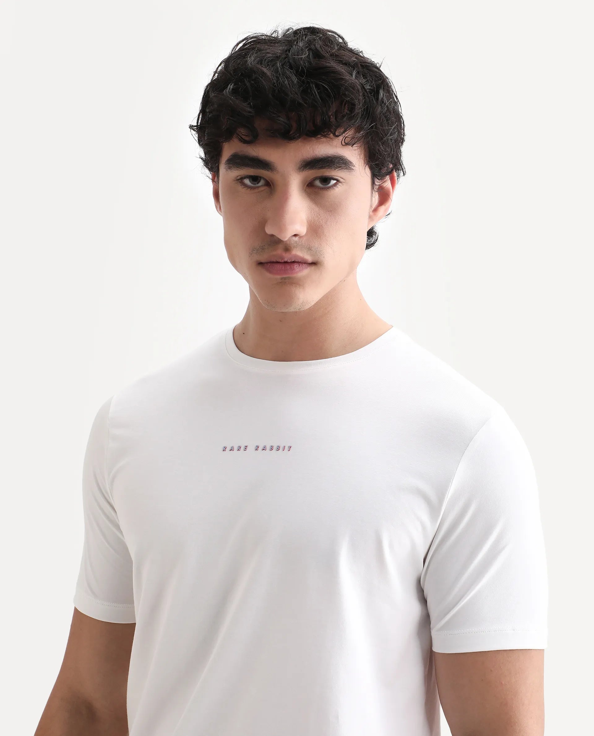 Rare Rabbit Men's Rabbit-25 White Cotton Blend Graphic Print Regular Fit Half Sleeve Crew Neck T-Shirt
