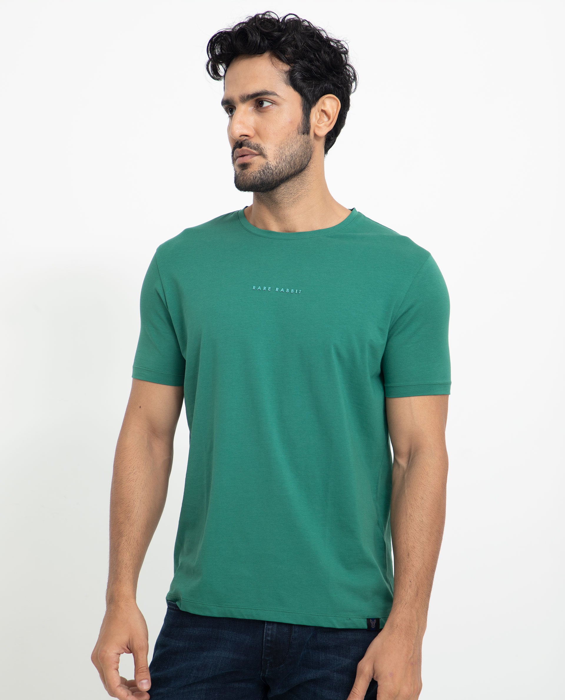 Rare Rabbit Men's Rabbit-5 Green Crew Neck HD Print Branding Half Sleeves Regular Fit T-Shirt