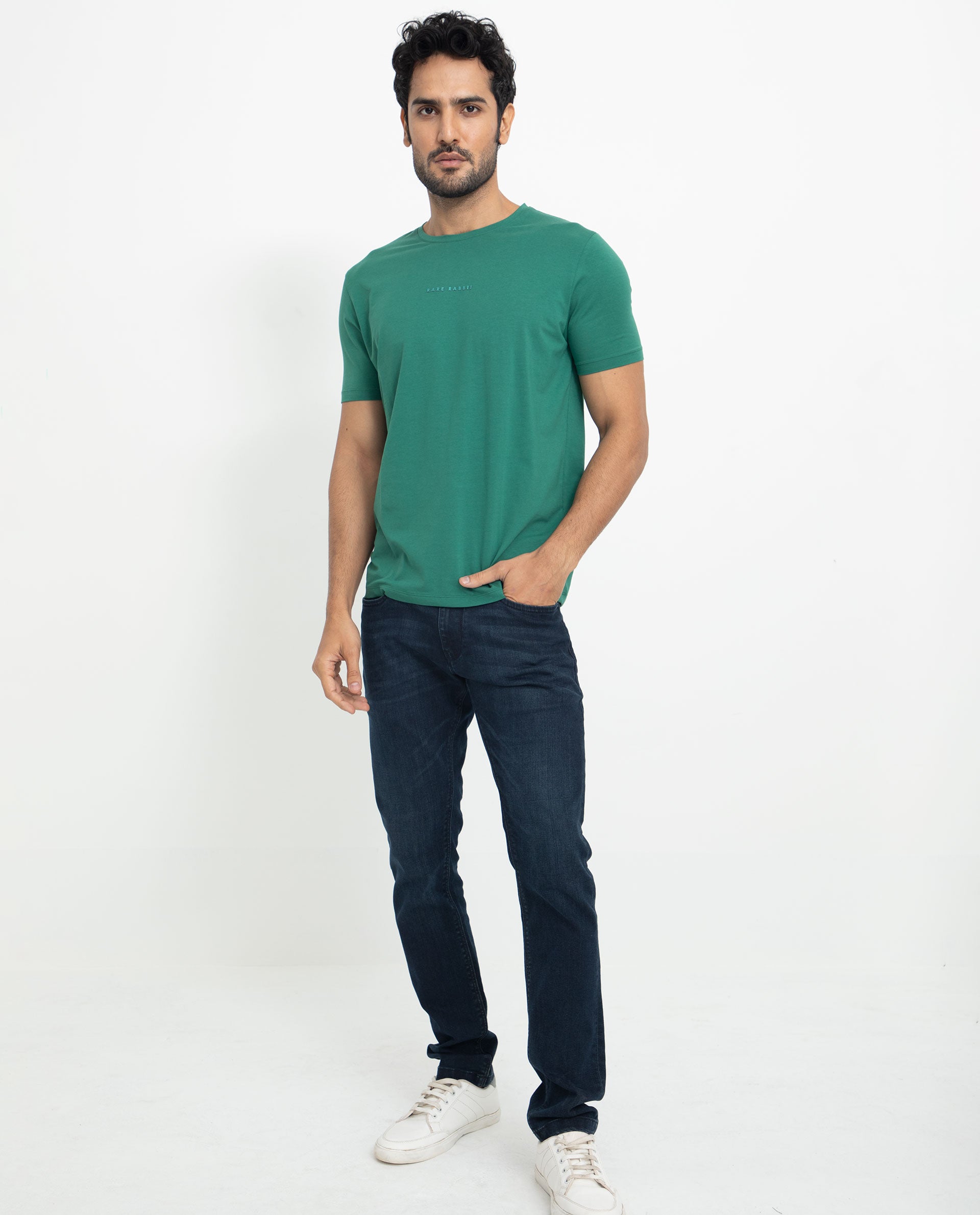 Rare Rabbit Men's Rabbit-5 Green Crew Neck HD Print Branding Half Sleeves Regular Fit T-Shirt