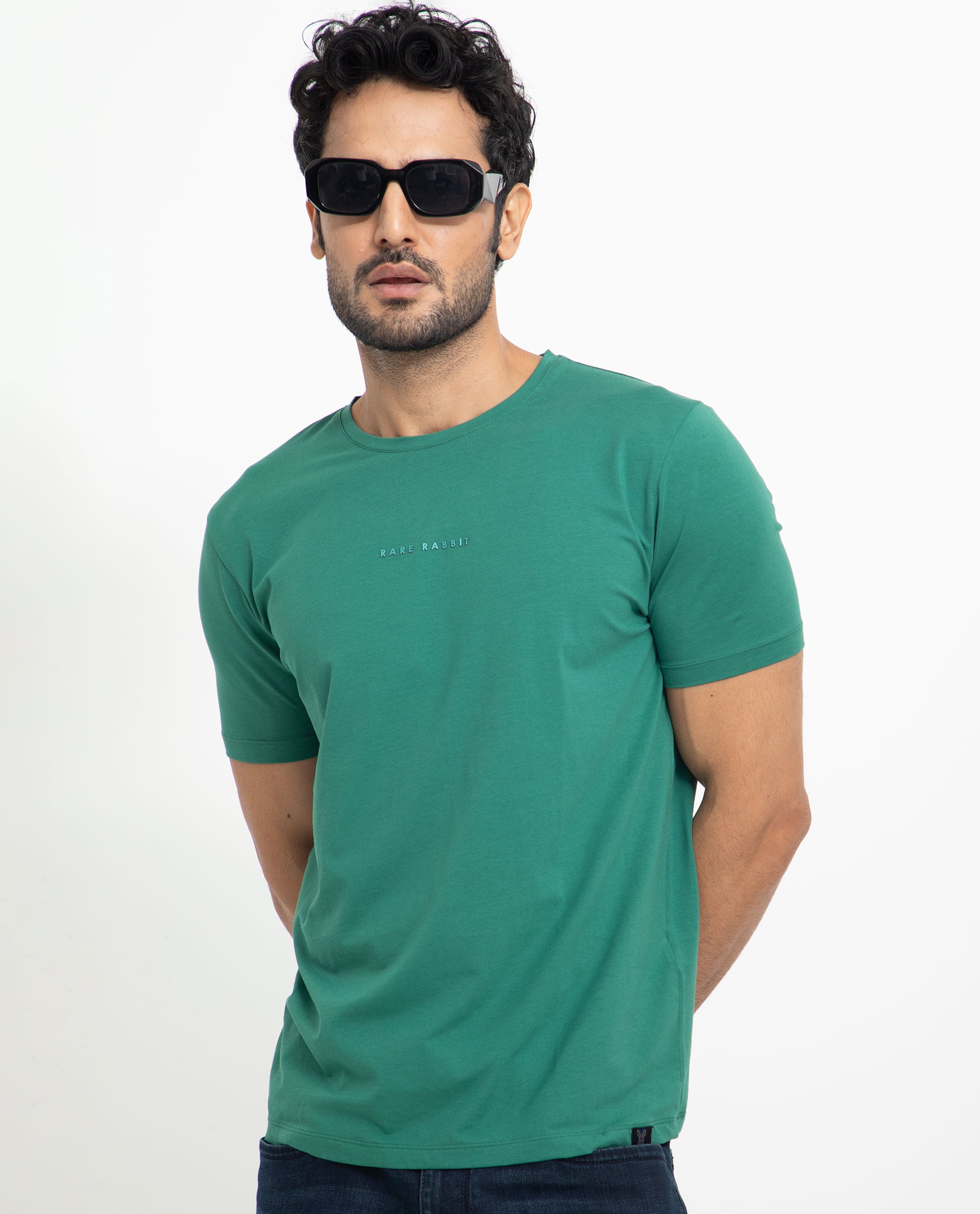 Rare Rabbit Men's Rabbit-5 Green Crew Neck HD Print Branding Half Sleeves Regular Fit T-Shirt