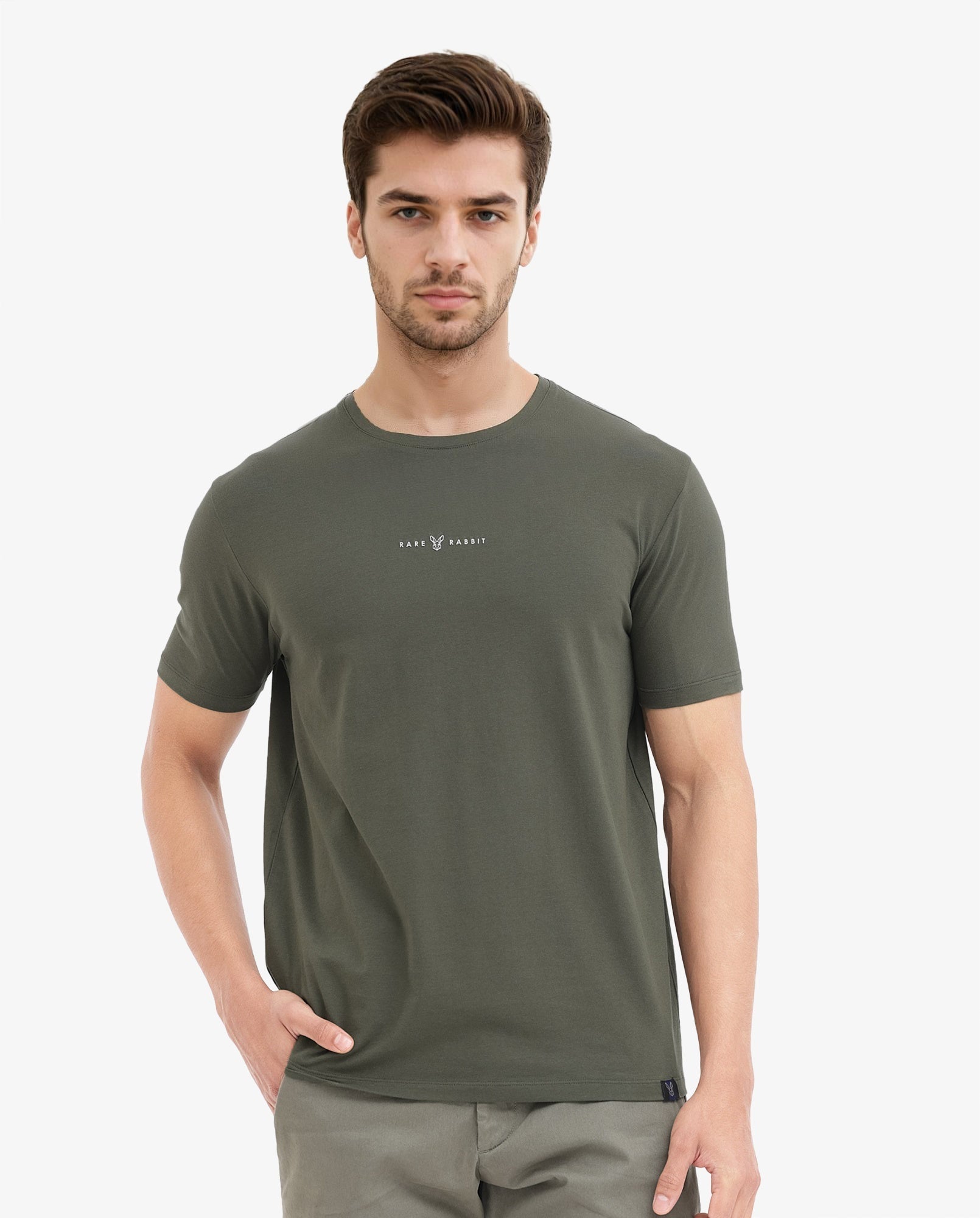Rare Rabbit Mens Rabbit-Z Olive Short Sleeve Solid Graphic Print T-Shirt