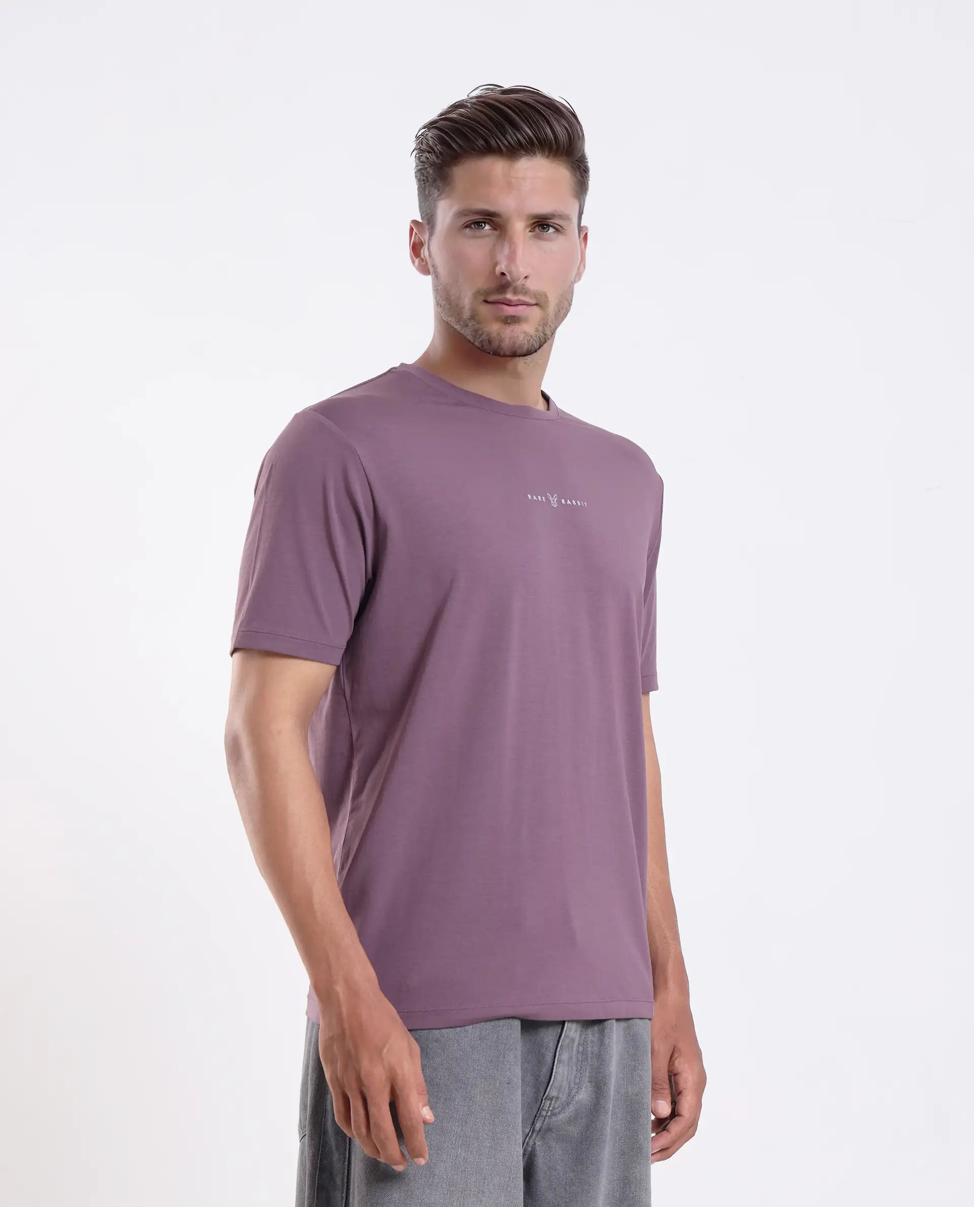 Rare Rabbit Men's Rabbit-25 Dusky Purple Cotton Blend Graphic Print Regular Fit Half Sleeve Crew Neck T-Shirt