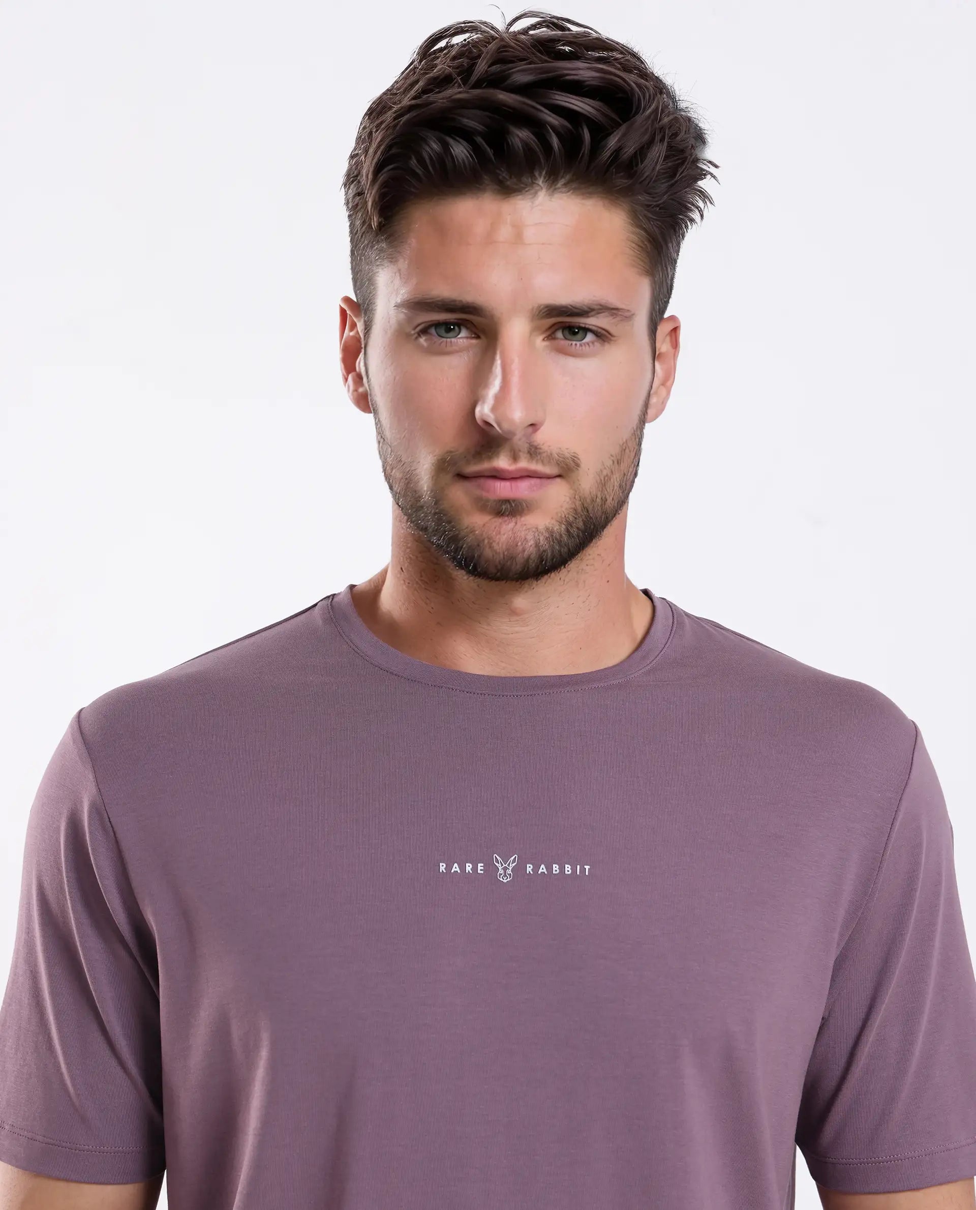 Rare Rabbit Men's Rabbit-25 Dusky Purple Cotton Blend Graphic Print Regular Fit Half Sleeve Crew Neck T-Shirt