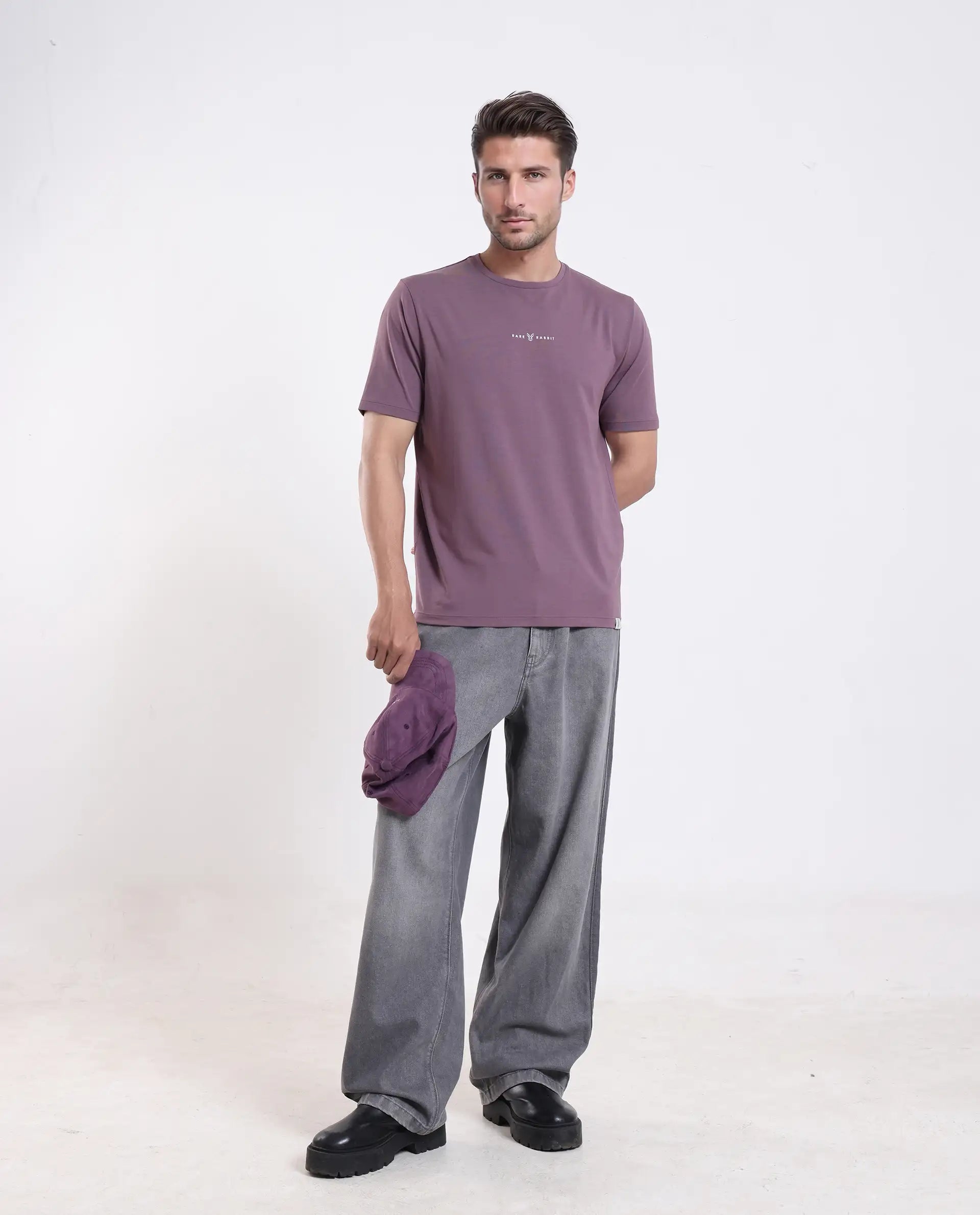 Rare Rabbit Men's Rabbit-25 Dusky Purple Cotton Blend Graphic Print Regular Fit Half Sleeve Crew Neck T-Shirt