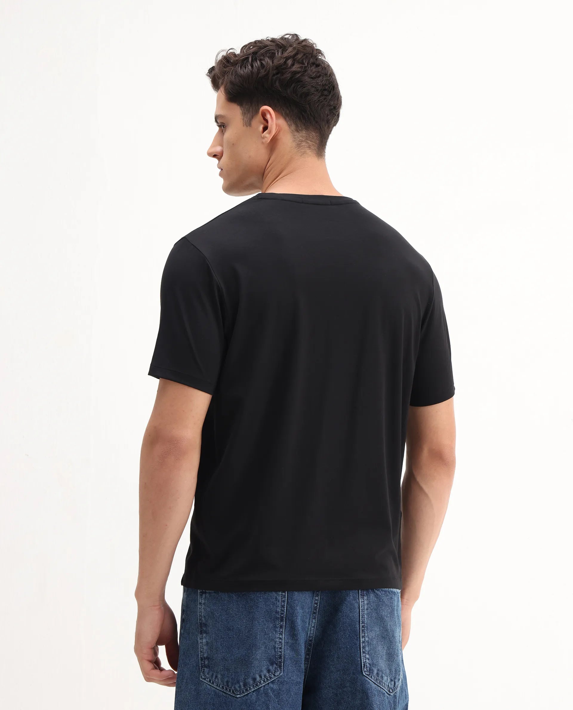 Rare Rabbit Men's Rabbit-25 Black Cotton Blend Graphic Print Regular Fit Half Sleeve Crew Neck T-Shirt