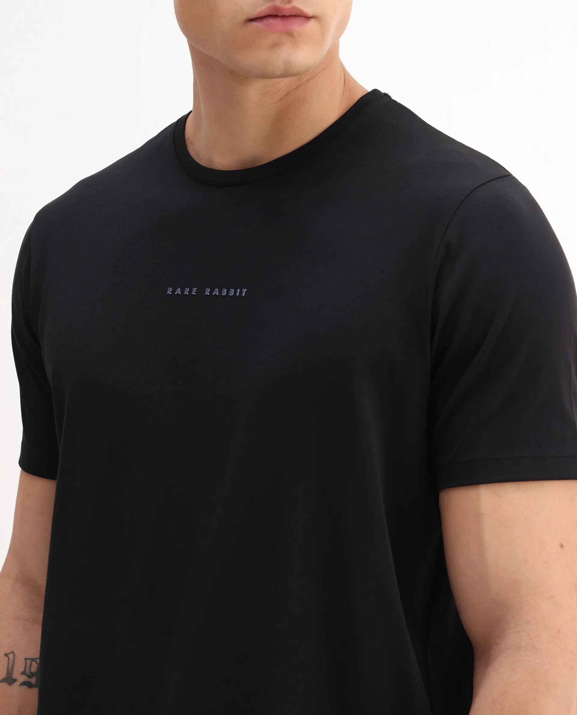 Rare Rabbit Men's Rabbit-25 Black Cotton Blend Graphic Print Regular Fit Half Sleeve Crew Neck T-Shirt