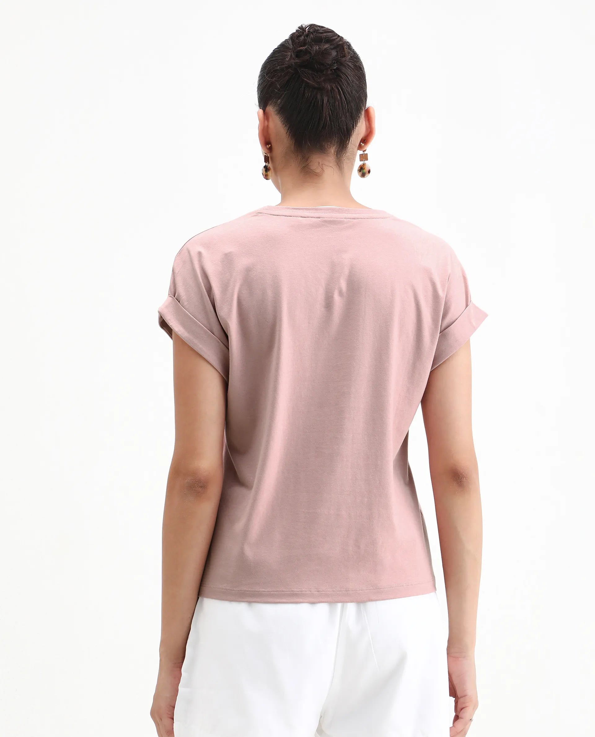 Rareism Women's Rabe Light Pink Cotton Blend Crew Neck Relaxed Fit T-Shirt
