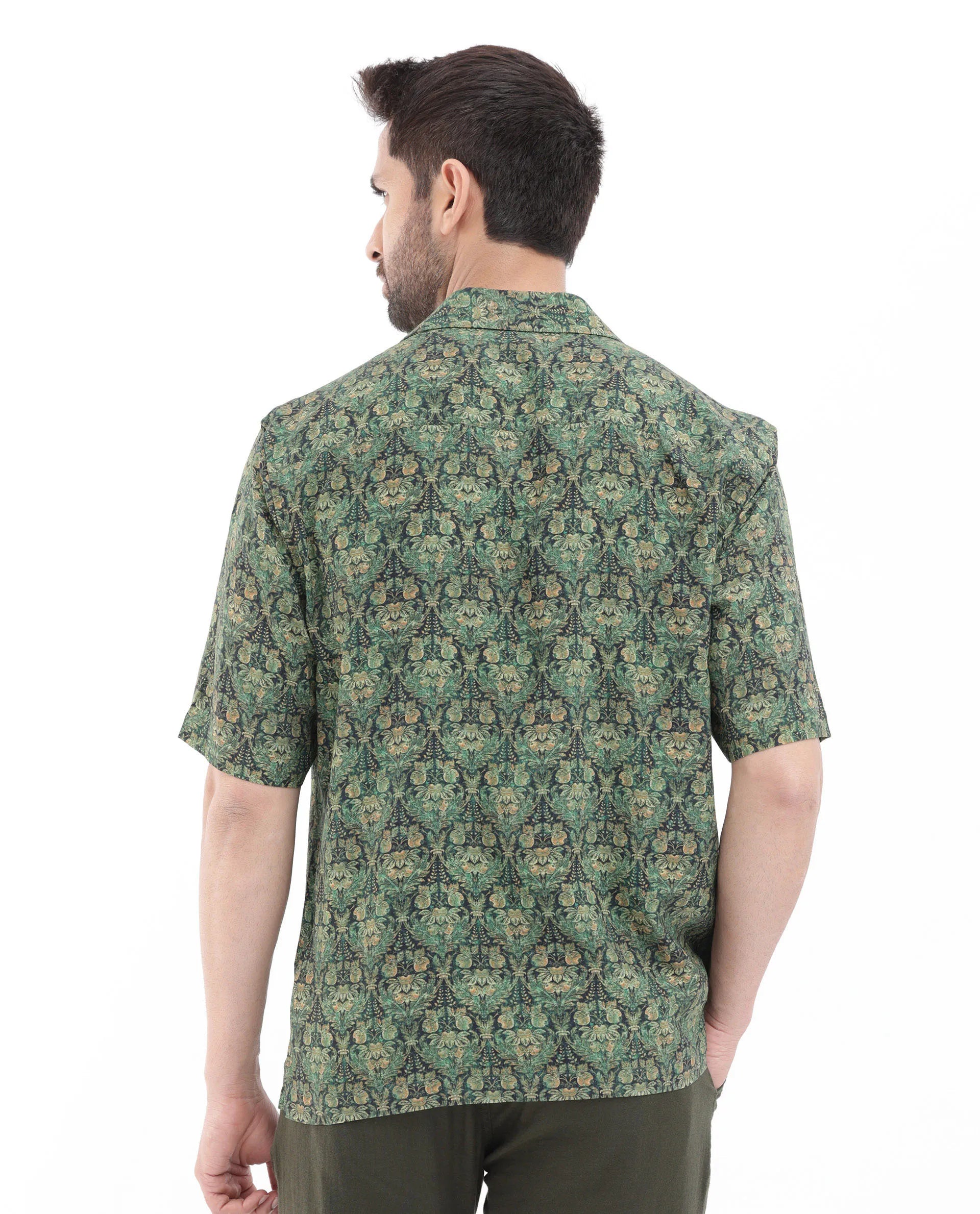 Rare Rabbit Men's Rabenn Dark Green Viscose Fabric Cuban Collar Half Sleeves Boxy Fit Tropical Print Shirt