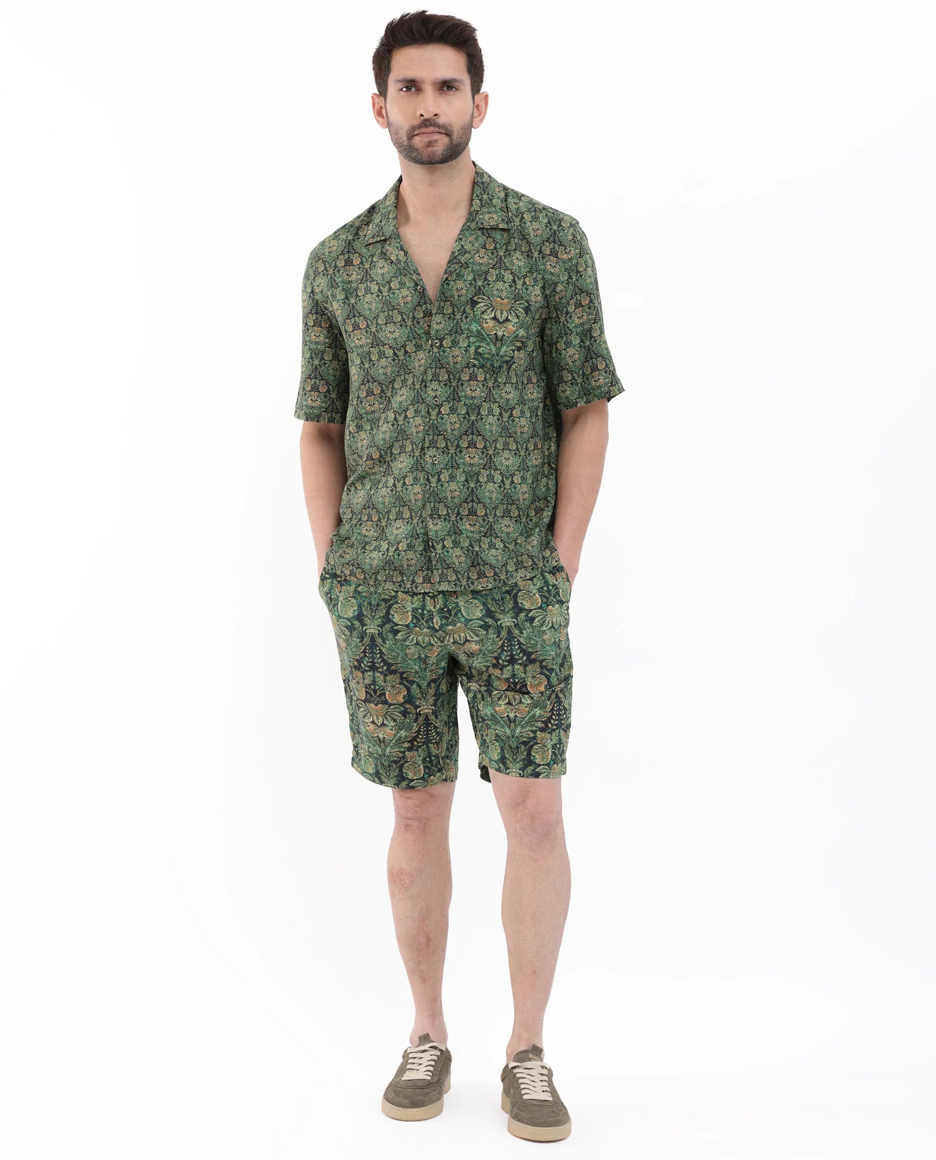 Rare Rabbit Men's Rabenn Dark Green Viscose Fabric Cuban Collar Half Sleeves Boxy Fit Tropical Print Shirt