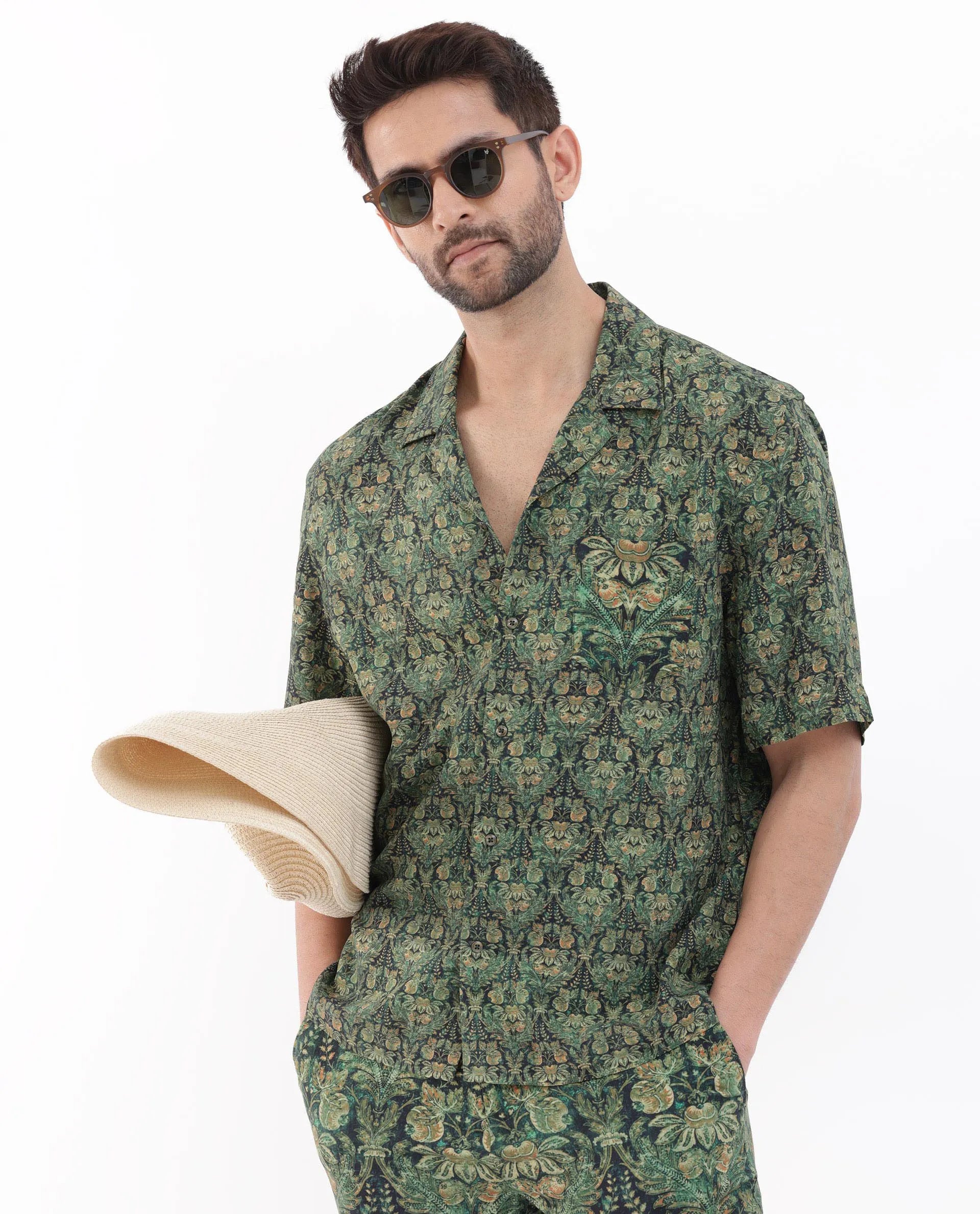 Rare Rabbit Men's Rabenn Dark Green Viscose Fabric Cuban Collar Half Sleeves Boxy Fit Tropical Print Shirt