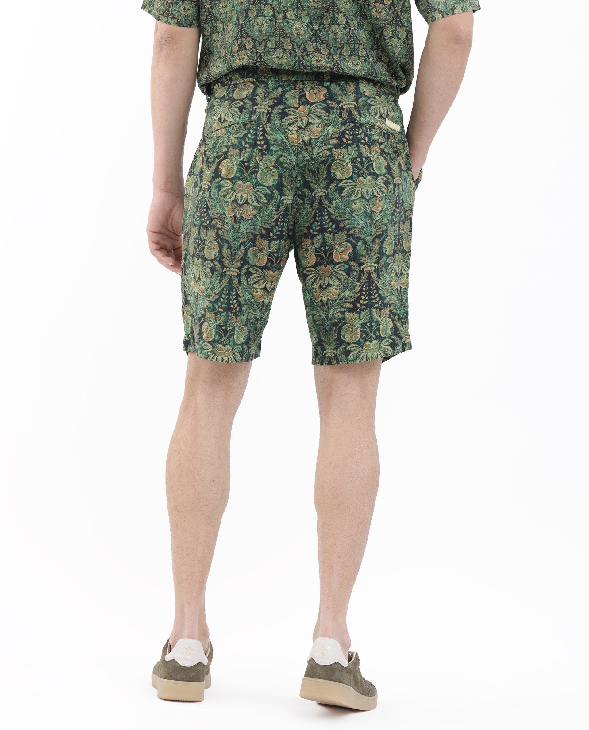 Rare Rabbit Mens Rabeno Dark Green Viscose Fabric Tropical Printed Shorts