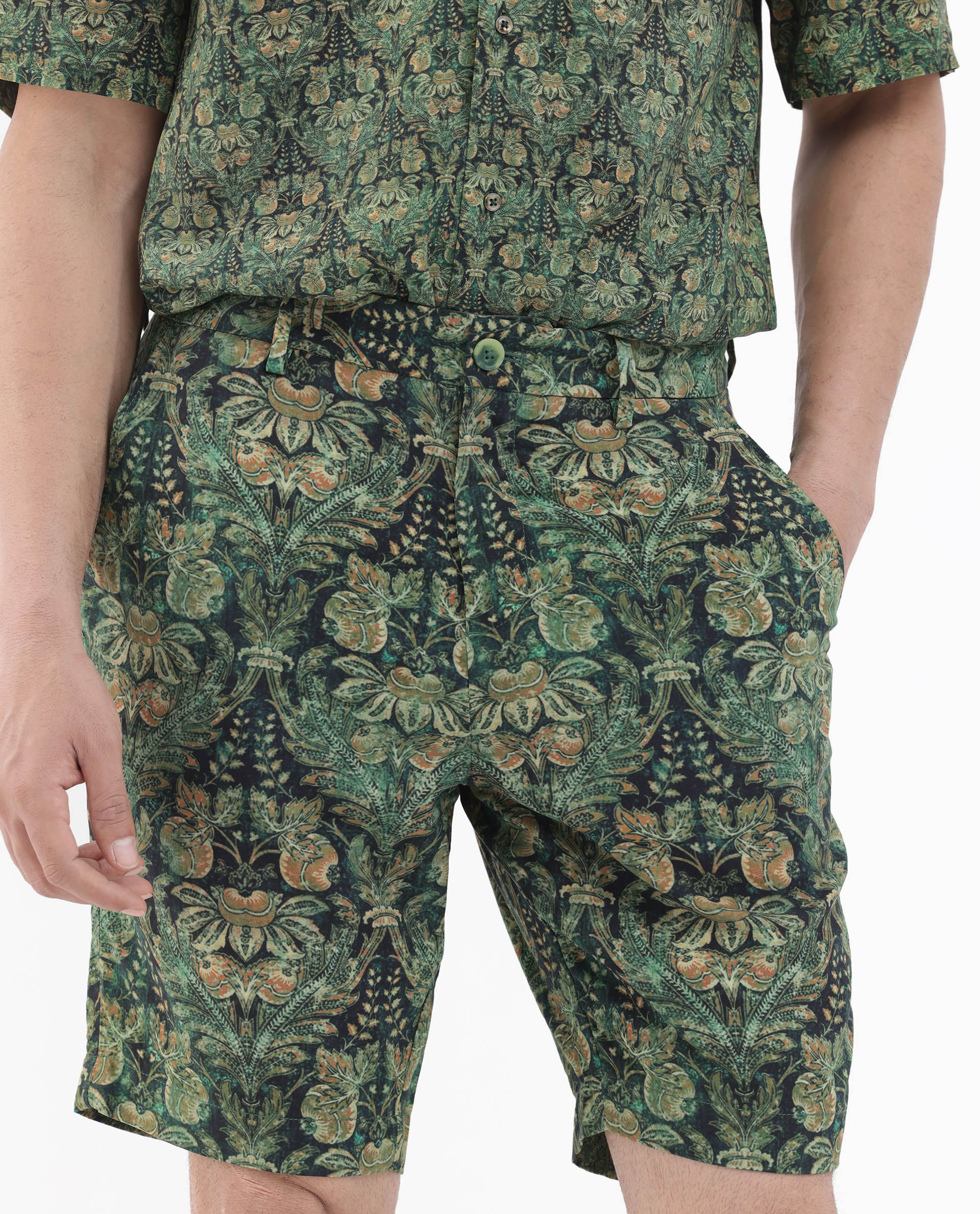 Rare Rabbit Mens Rabeno Dark Green Viscose Fabric Tropical Printed Shorts