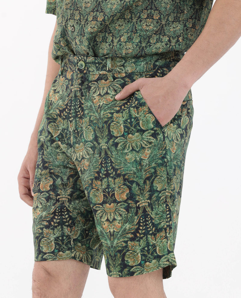Rare Rabbit Mens Rabeno Dark Green Viscose Fabric Tropical Printed Shorts