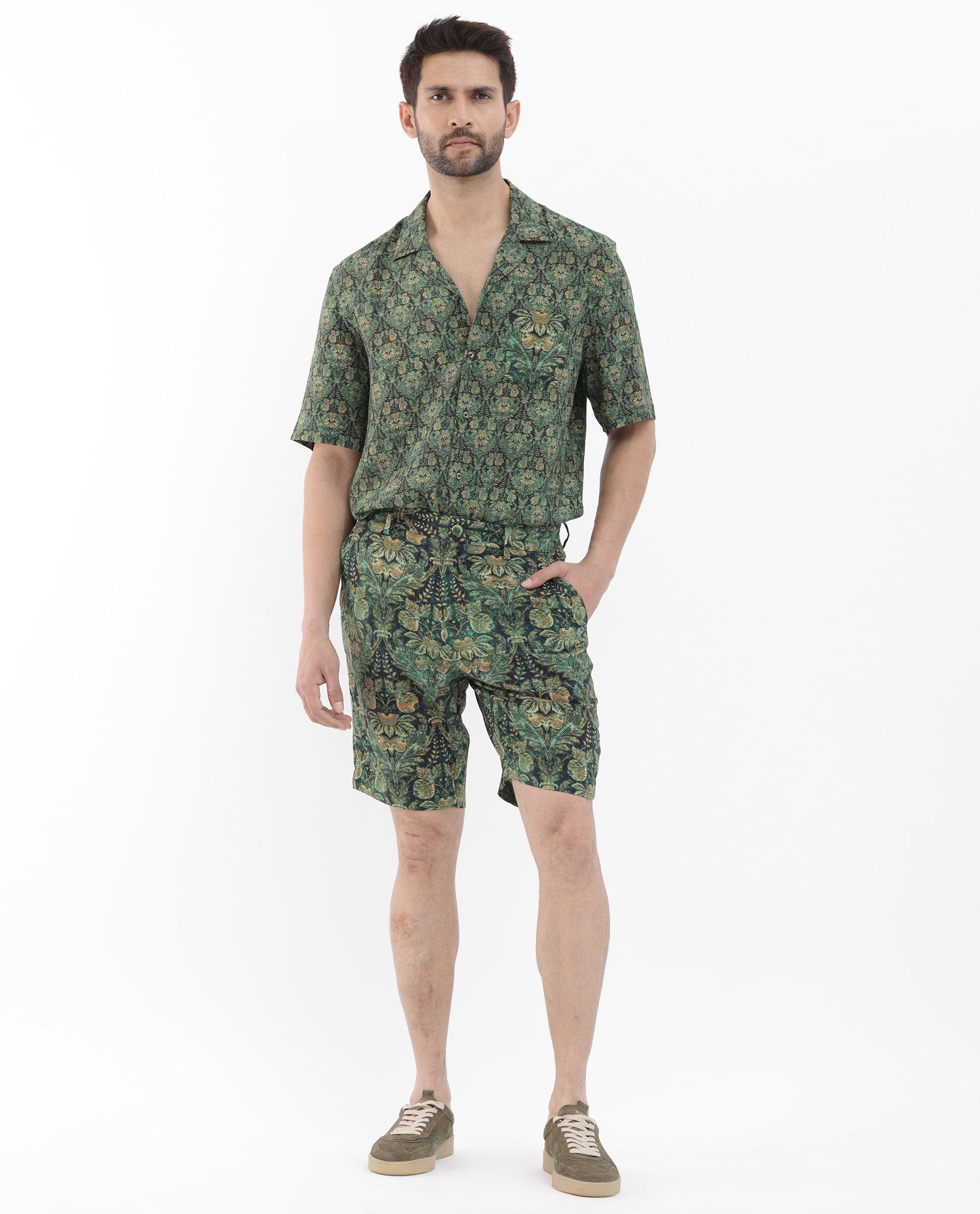 Rare Rabbit Mens Rabeno Dark Green Viscose Fabric Tropical Printed Shorts